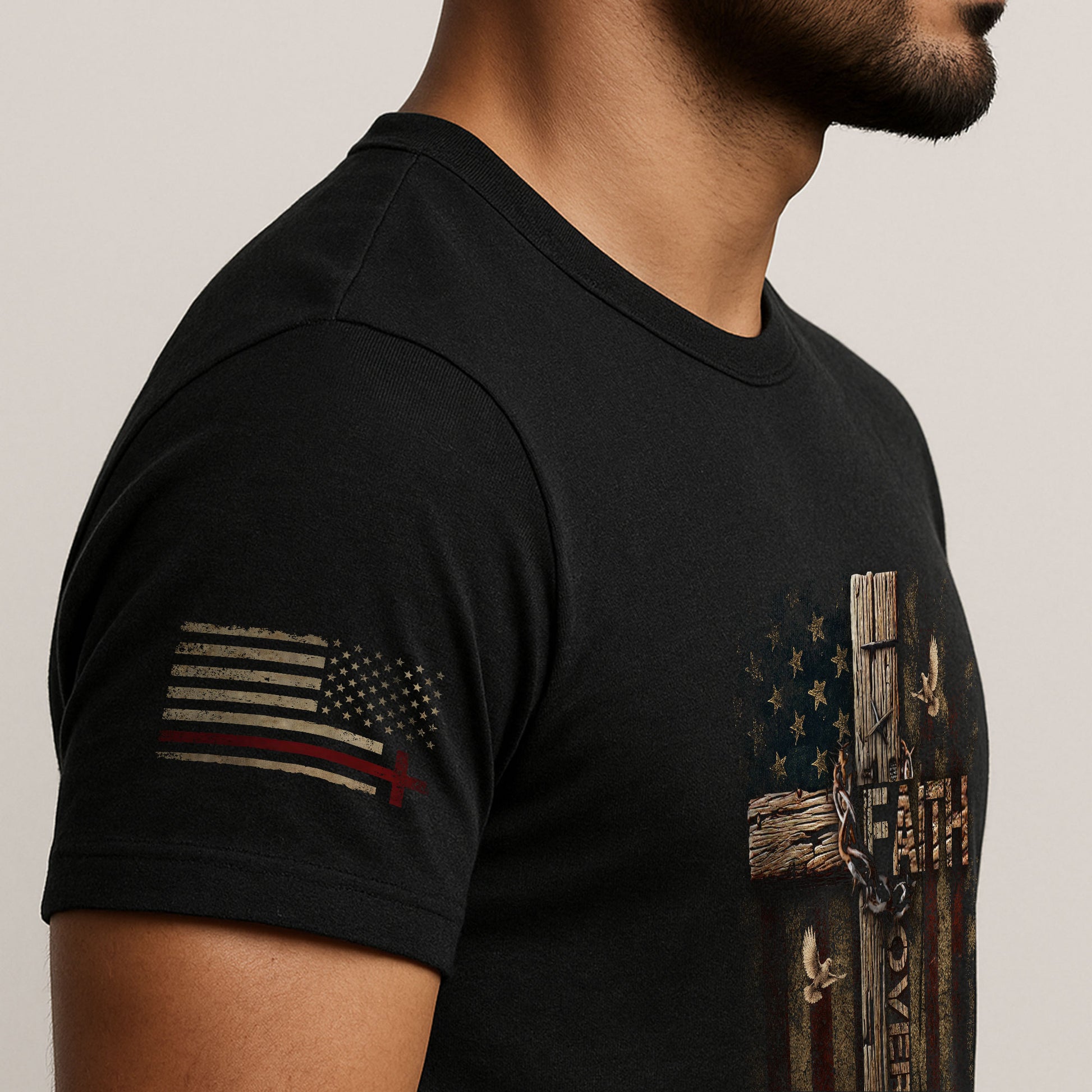Faith Over Fear Wooden Cross American Flag Christian Psalm 118:6 Verse - Christian Tee Shirts, Christian Shirts for Men - Rust Field Wear