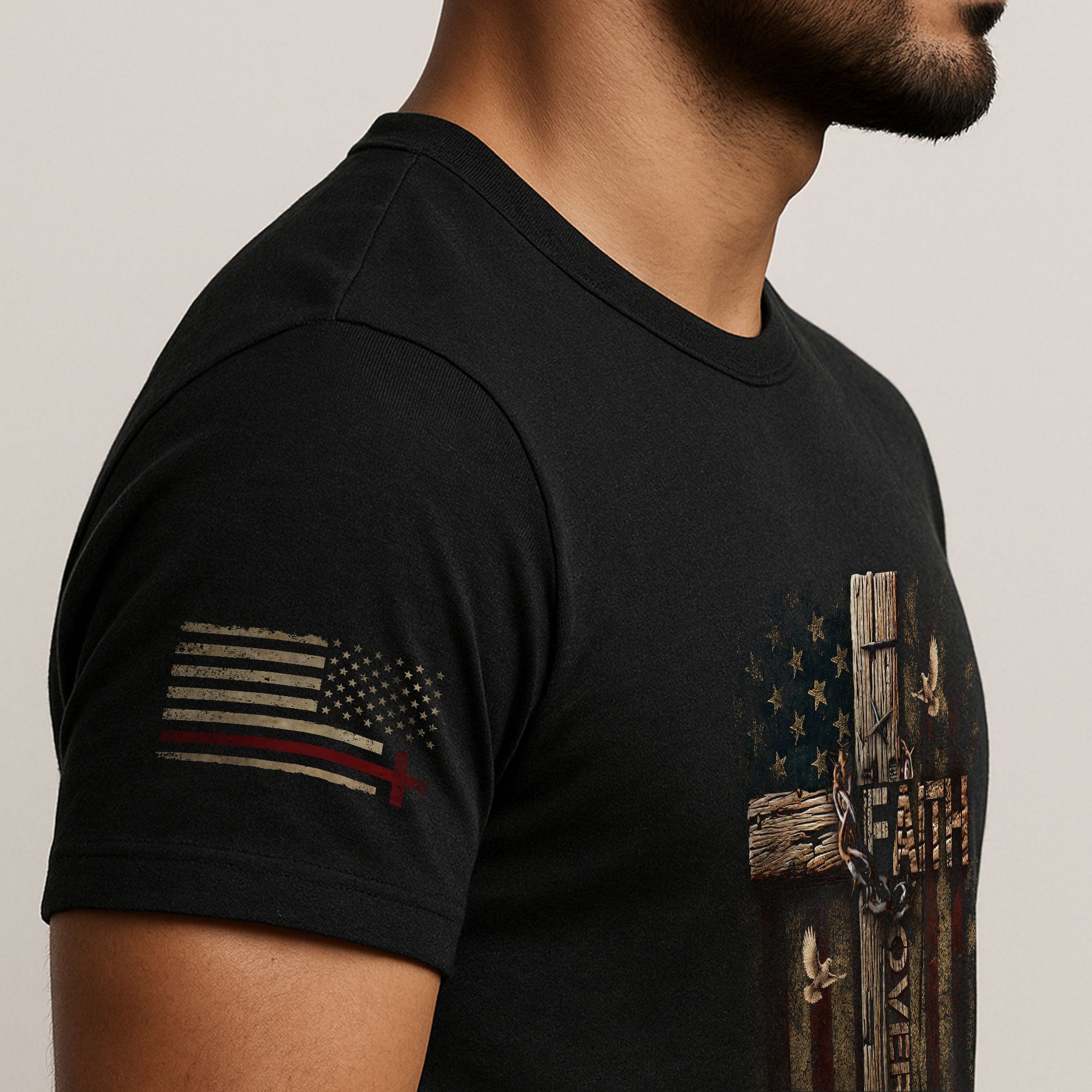 Faith Over Fear Wooden Cross American Flag Christian Psalm 118:6 Verse - Christian Tee Shirts, Christian Shirts for Men - Rust Field Wear