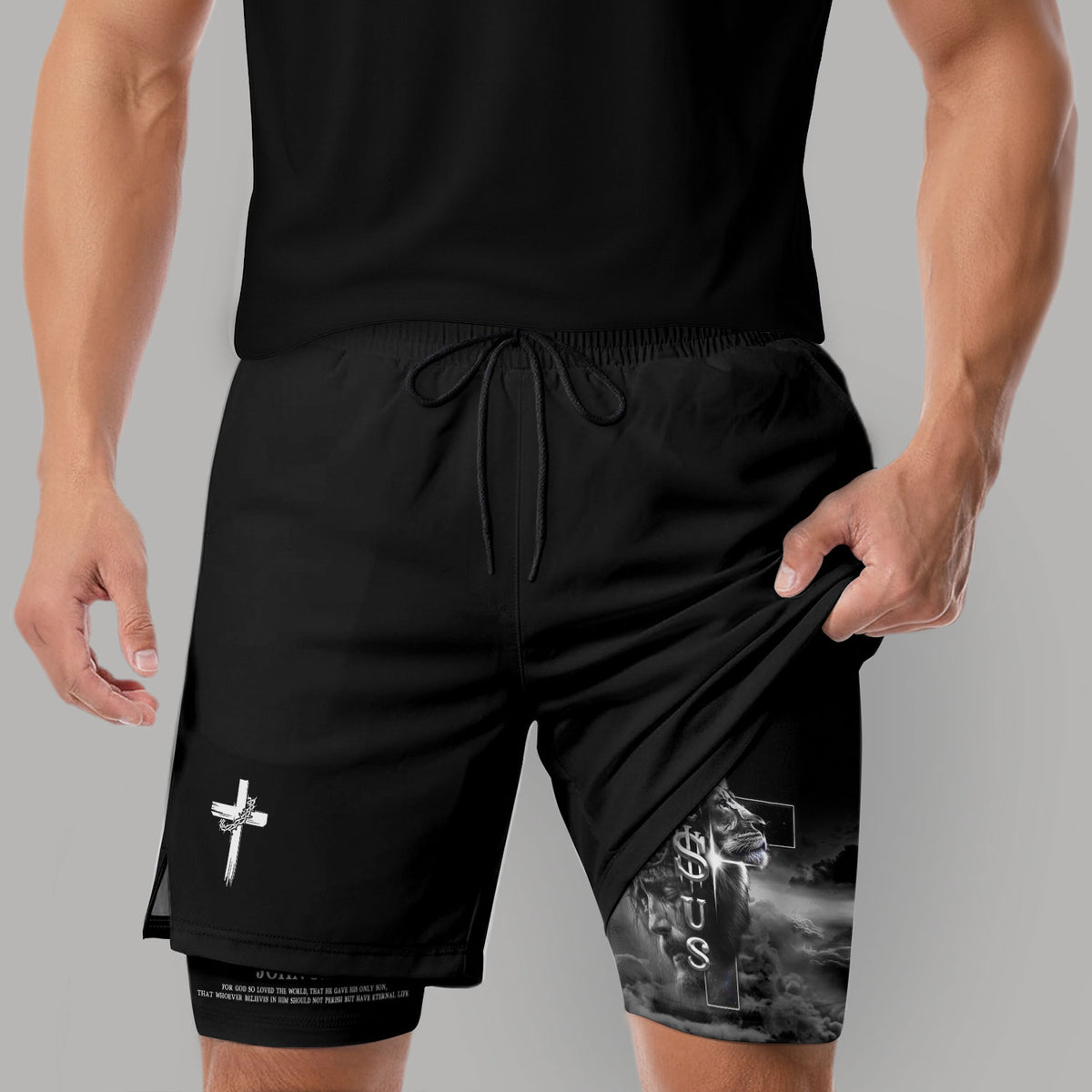John 3:16 Christian Shorts for Men Jesus Cross Lion Design - Rust Field Wear
