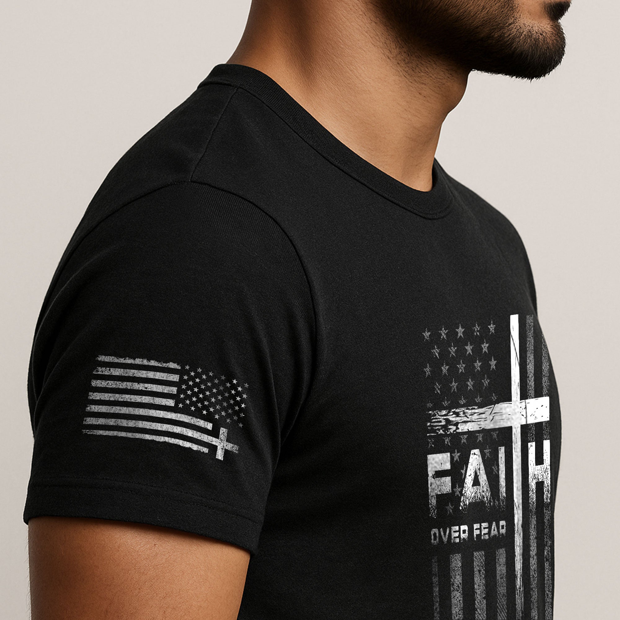 Christian Shirts for Men, Faith Over Fear Christian Cross American Flag Design - Christian Tee Shirts - Rust Field Wear