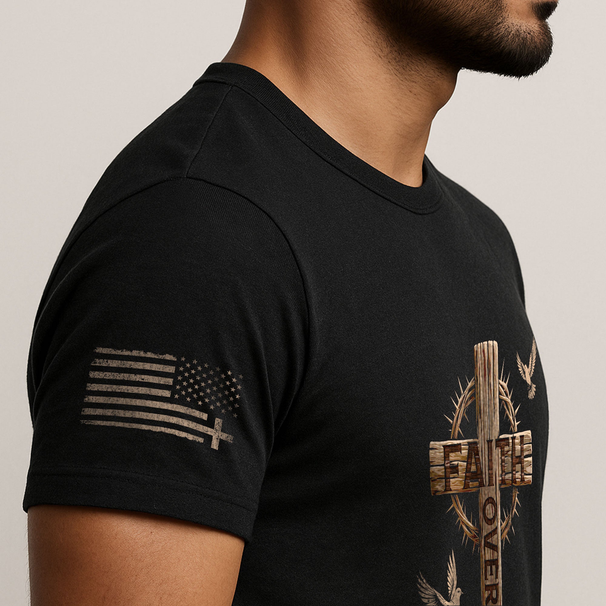 Faith Over Fear Christian Wooden Cross Crown of Thorns Design, Christian Tee Shirts - Faith Shirts for Men - Rust Field Wear
