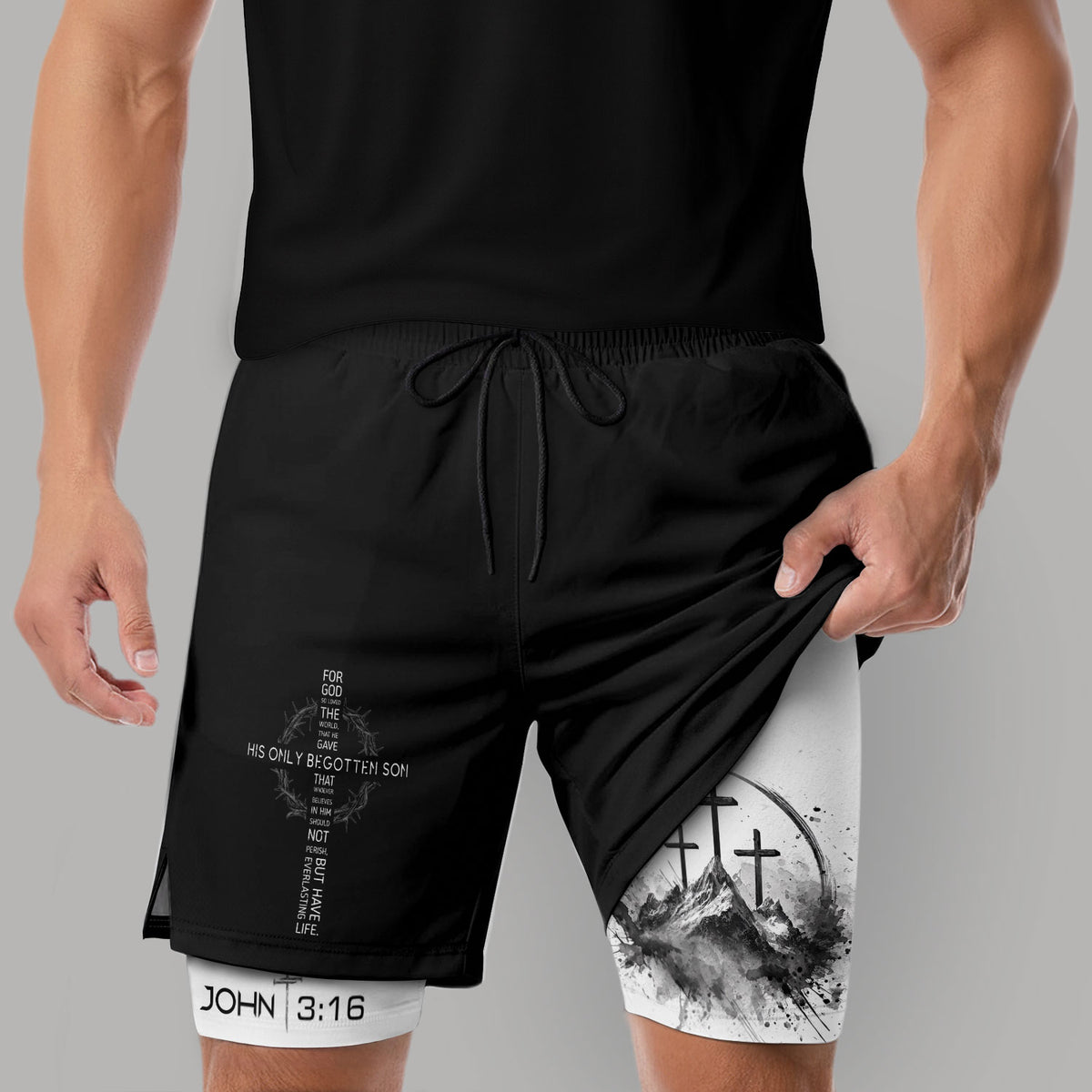 John 3:16 Christian Gym Shorts for Men with Liner Mountain Cross Design - Rust Field Wear