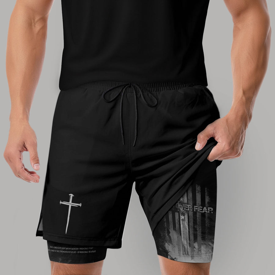 Faith Over Fear Christian Gym Shorts for Men Psalm 27:1 American Flag Cross