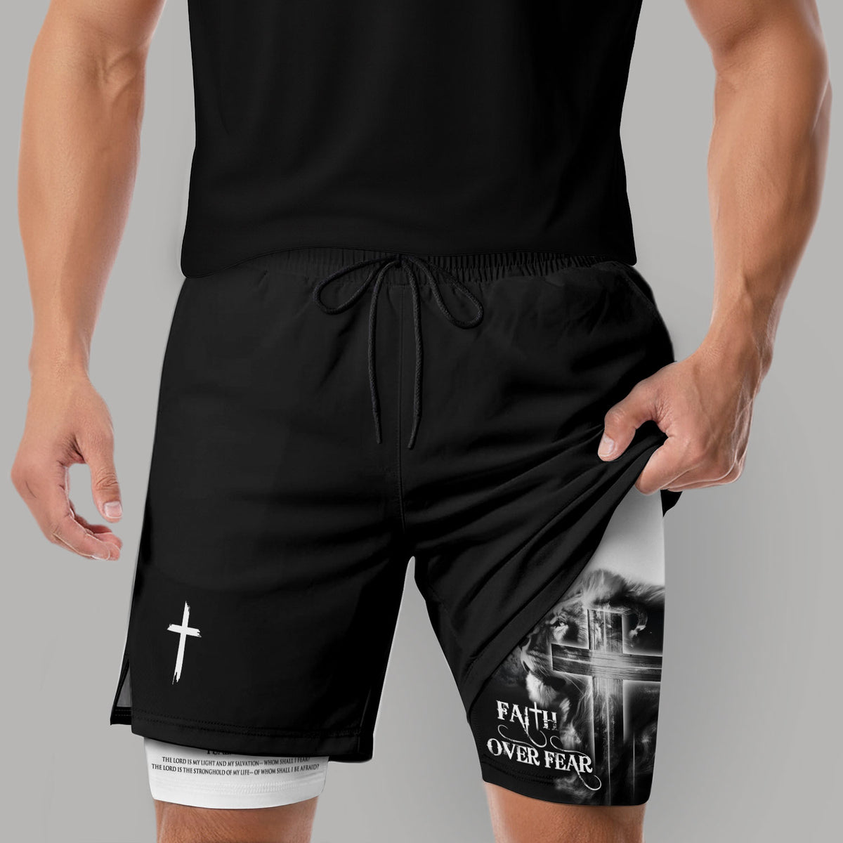 Faith Over Fear Christian Gym Shorts for Men – Psalm 27:1 Lion Cross - Rust Field Wear