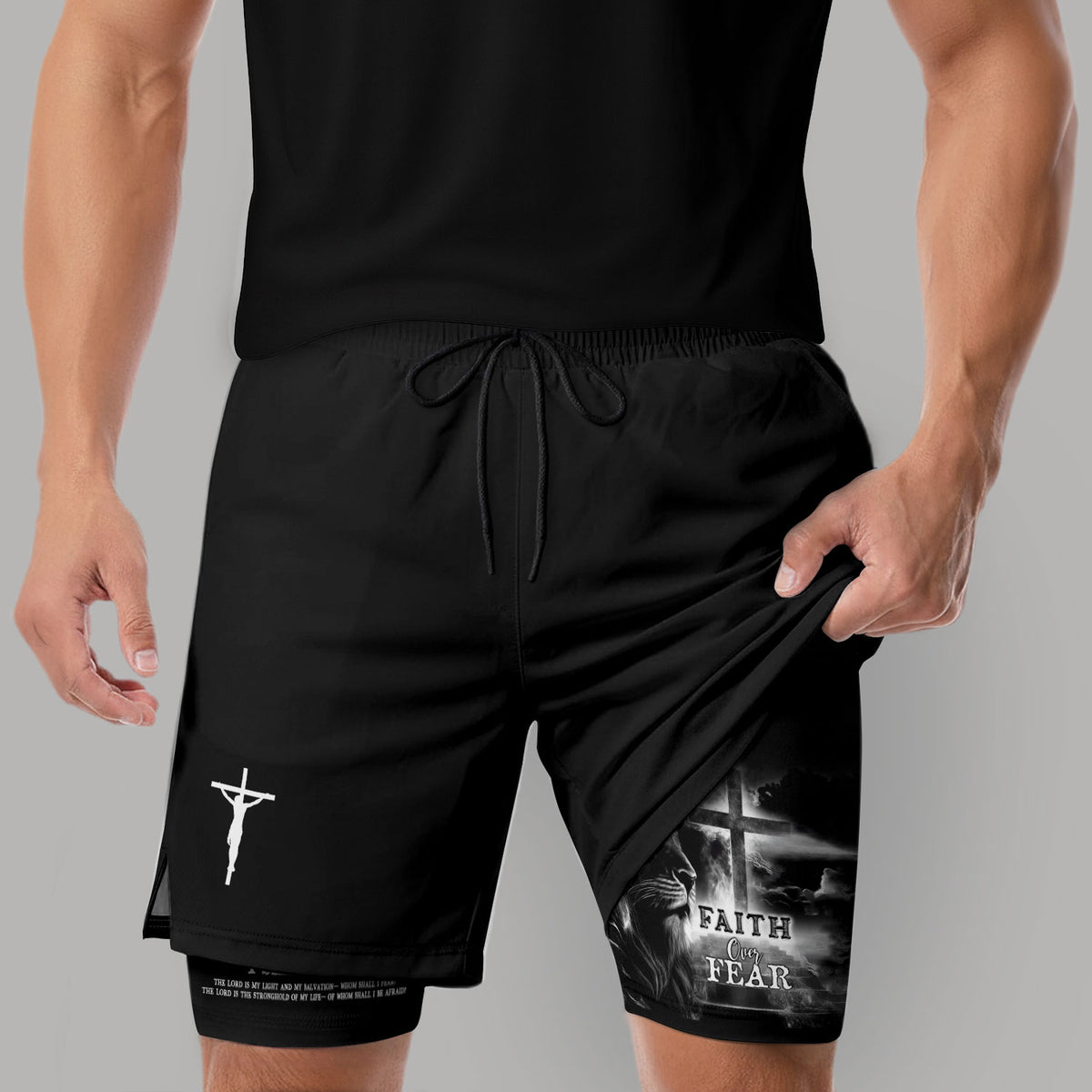 Faith Over Fear Psalm 27:1 Jesus Cross Lion Christian Gym Shorts - Rust Field Wear