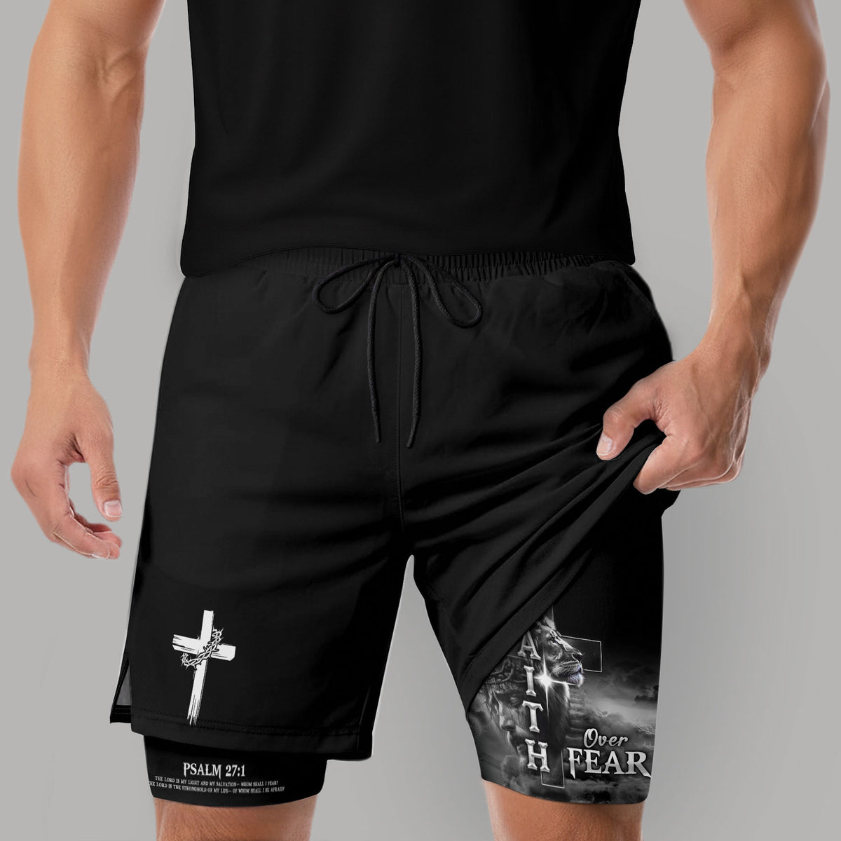 Faith Over Fear Psalm 27:1 Lion Cross Christian Gym Shorts for Men - Rust Field Wear