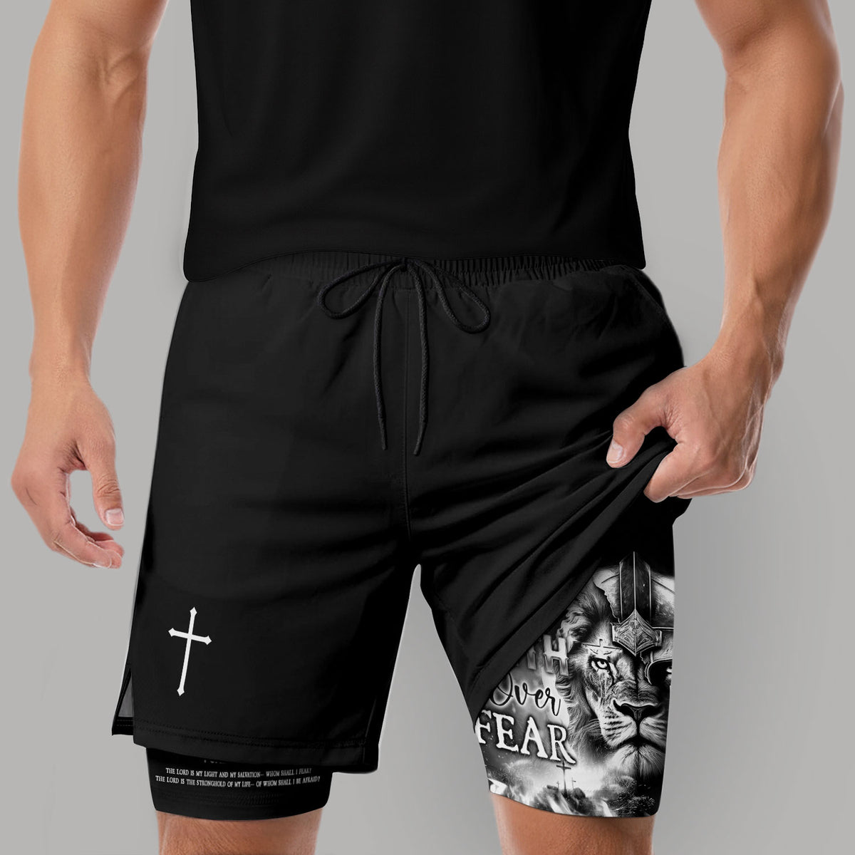 Psalm 27:1 Faith Over Fear Christian Gym Shorts for Men Warrior Cross Design - Rust Field Wear