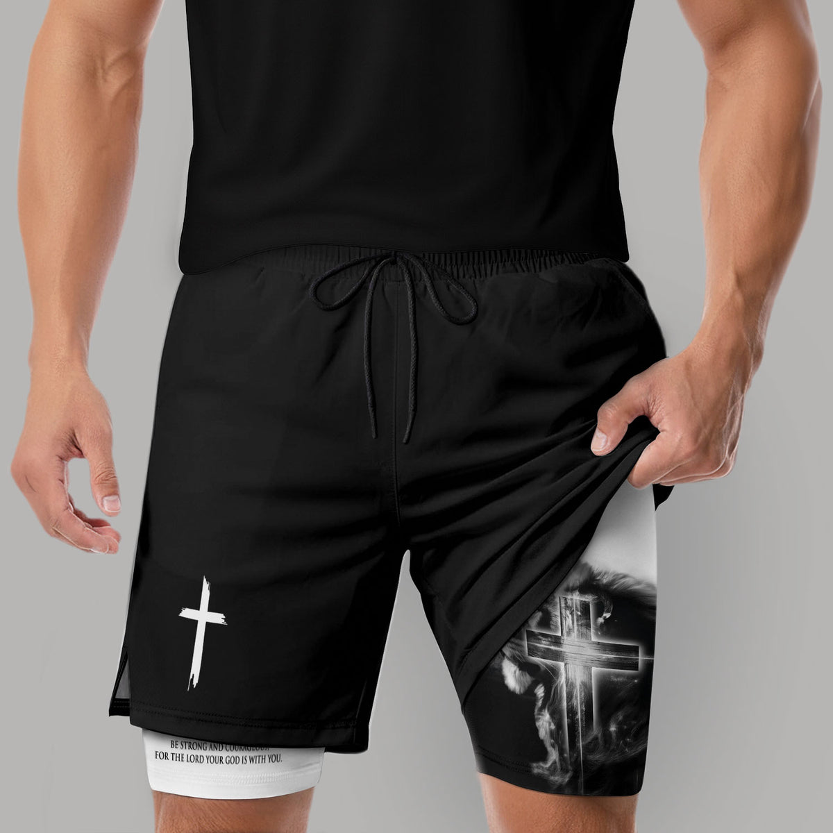 Joshua 1:9 Christian Gym Shorts for Men Lion Cross Bible Verse - Rust Field Wear