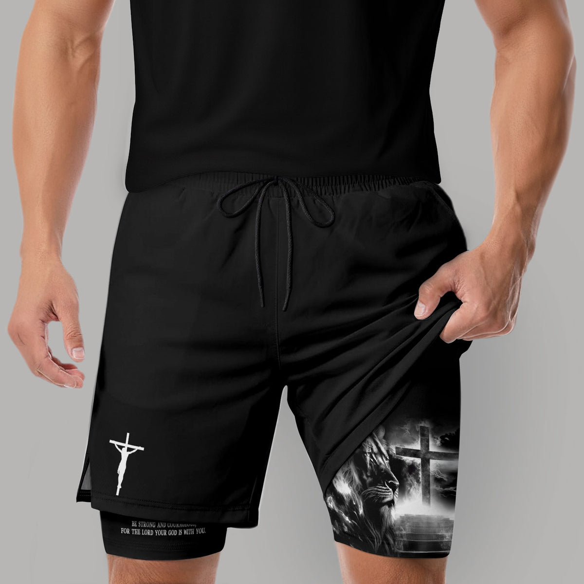 Joshua 1:9 Christian Gym Shorts for Men Lion Cross Crucifix Design - Rust Field Wear