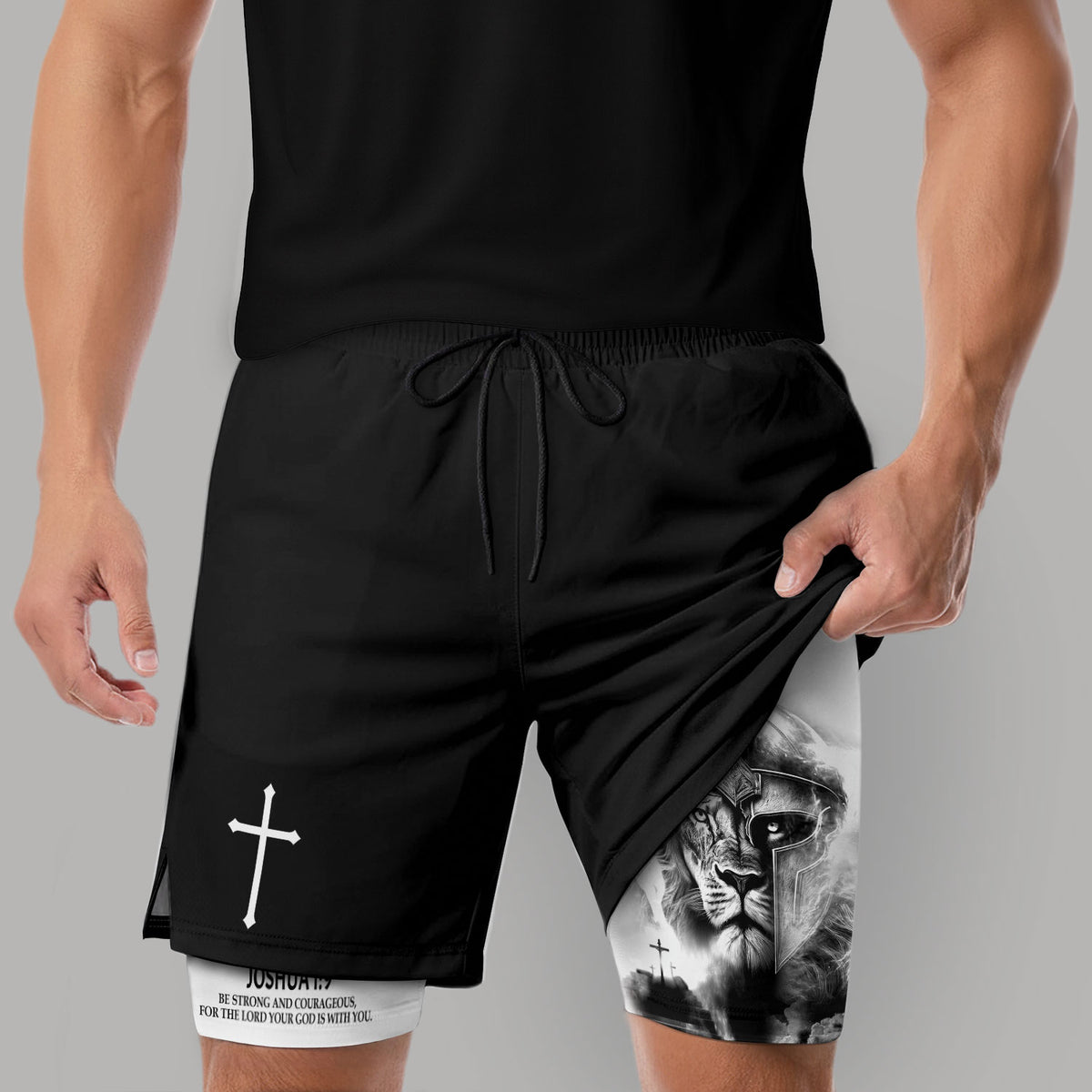 Joshua 1:9 Christian Gym Shorts for Men Lion Warrior Cross Design - Rust Field Wear