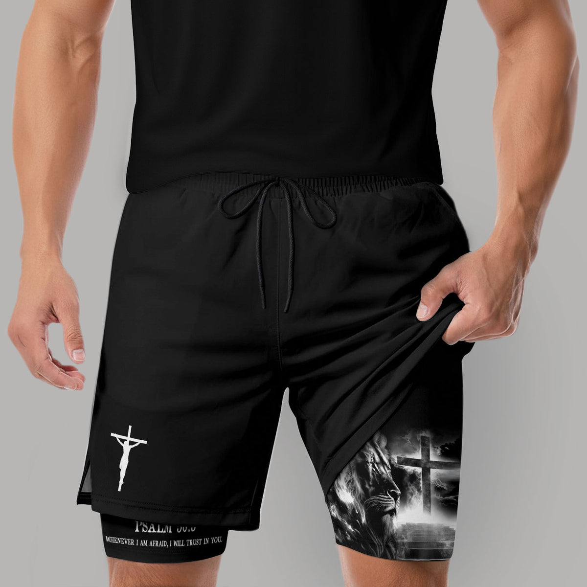 Psalm 56:3 Christian Gym Shorts for Men Lion Cross Path Design - Rust Field Wear