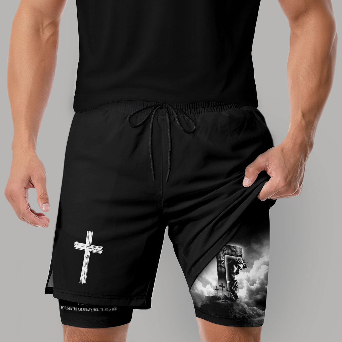 Psalm 56:3 Christian Gym Shorts for Men Jesus Cross Prayer Design - Rust Field Wear