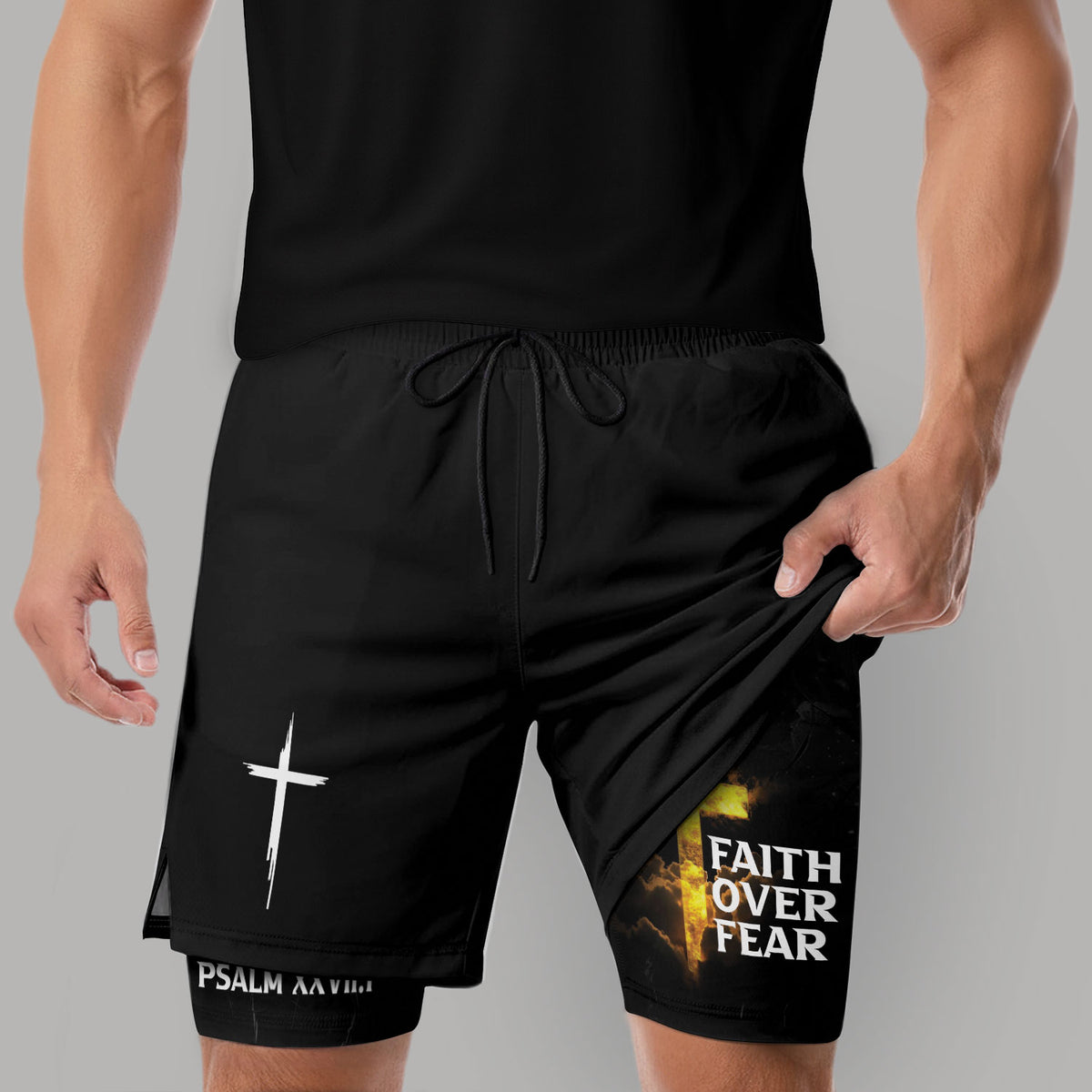 Psalm 27:1 Faith Over Fear Christian Mens Gym Shorts Bible Verse Glowing Gold Design - Rust Field Wear