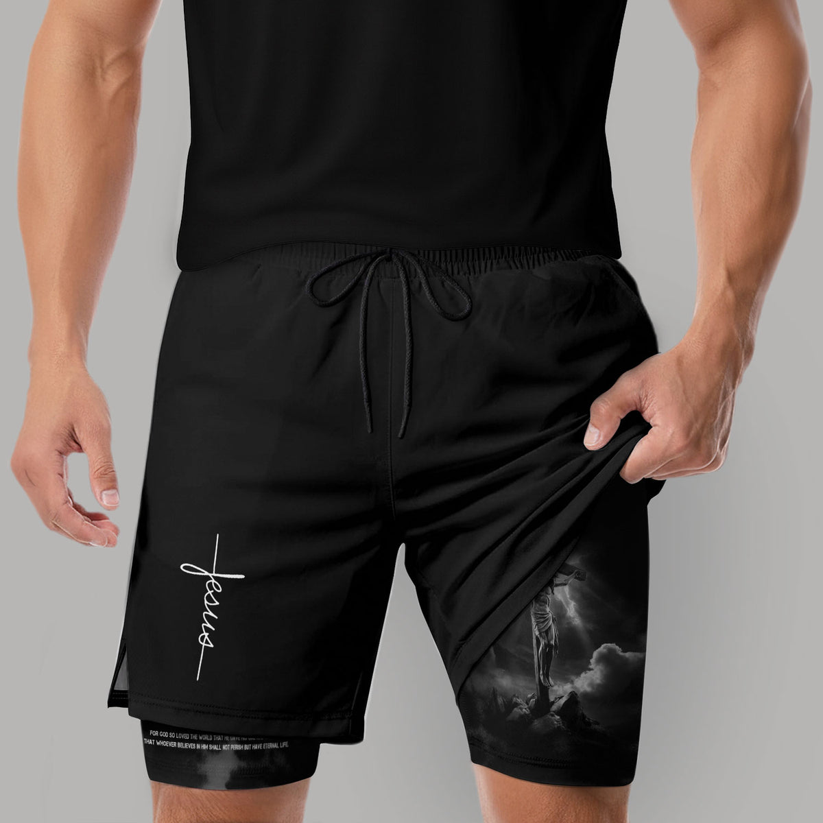 John 3:16 Christian Gym Workout Shorts Men Jesus Cross Bible Verse Religious - Rust Field Wear
