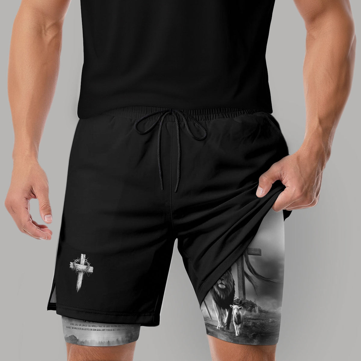 John 3:16 Christian Gym Workout Shorts Men Lion and Lamb Cross Bible Verse - Rust Field Wear