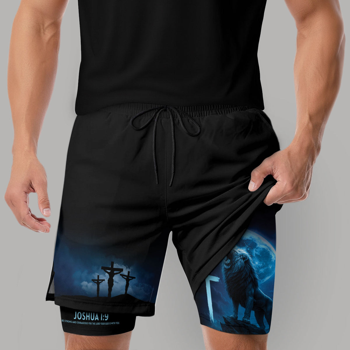Joshua 1:9 Christian Gym Workout Shorts Men Lion Cross Bible Verse Blue - Rust Field Wear
