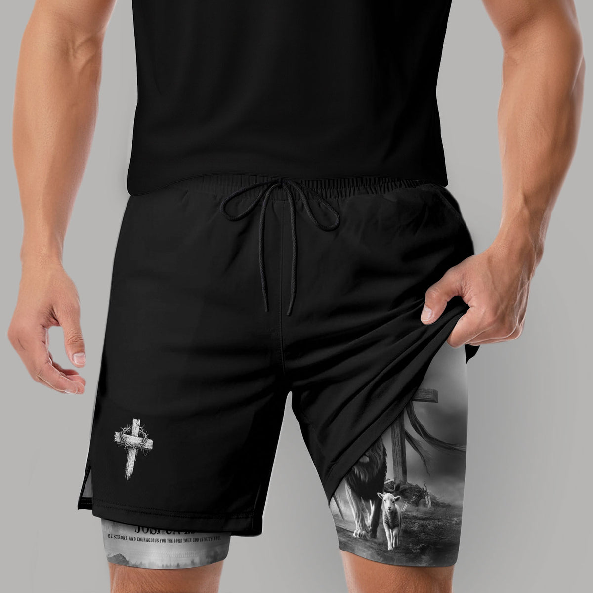 Joshua 1:9 Christian Gym Workout Shorts Men Lion and Lamb Cross Bible Verse - Rust Field Wear