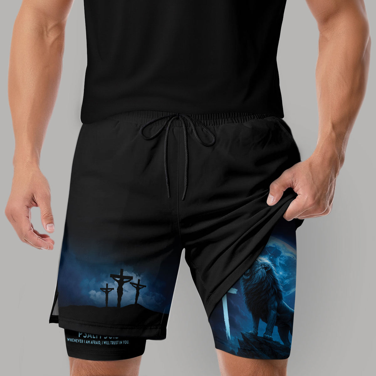 Psalm 56:3 Christian Gym Workout Shorts Men Lion Cross Bible Verse Blue - Rust Field Wear