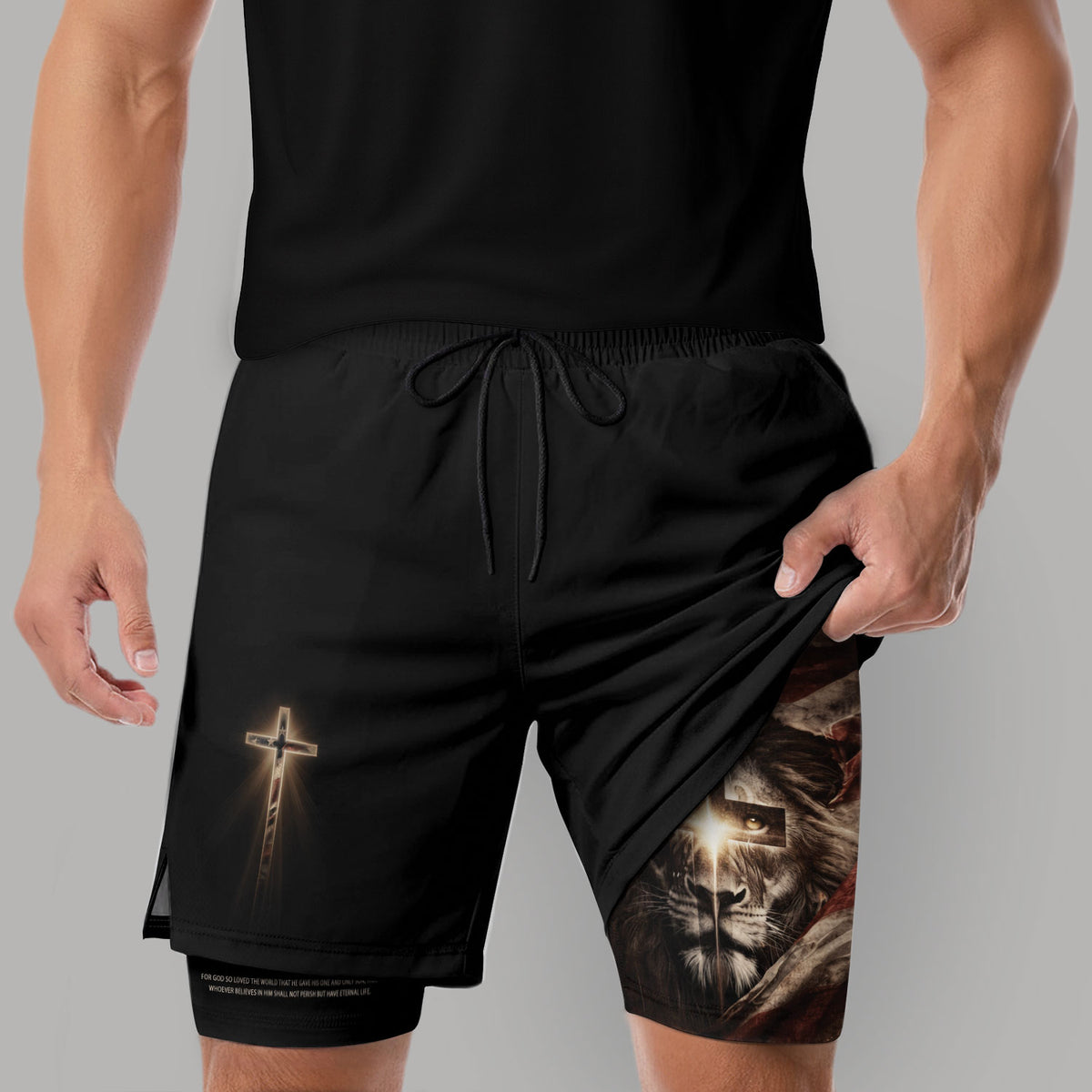 John 3:16 Bible Verse Men Christian Gym Shorts Lion of Judah Training Performance Gear - Rust Field Wear