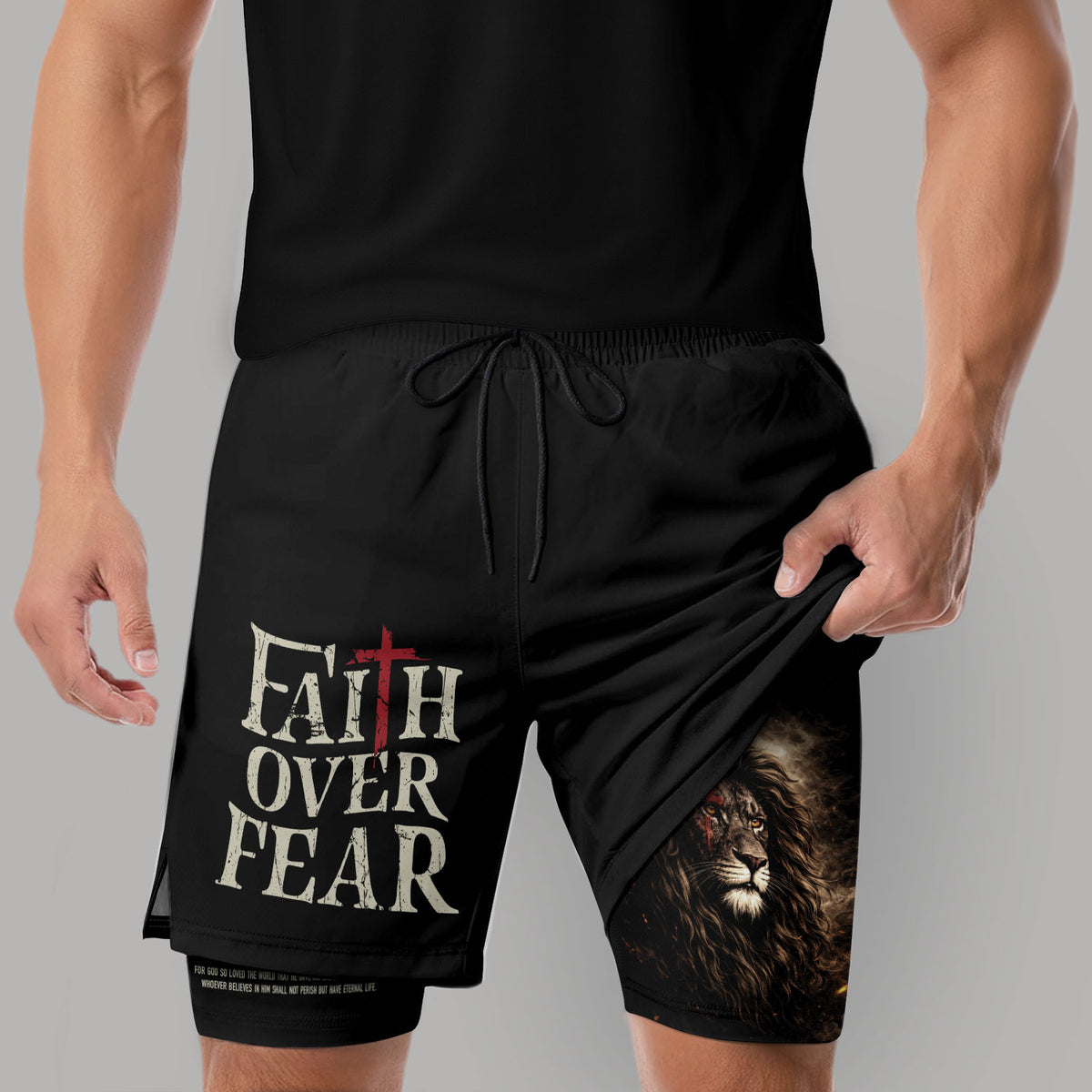 John 3:16 Bible Verse Christian Workout Shorts Men Lion of Judah Faith Over Fear Activewear - Rust Field Wear
