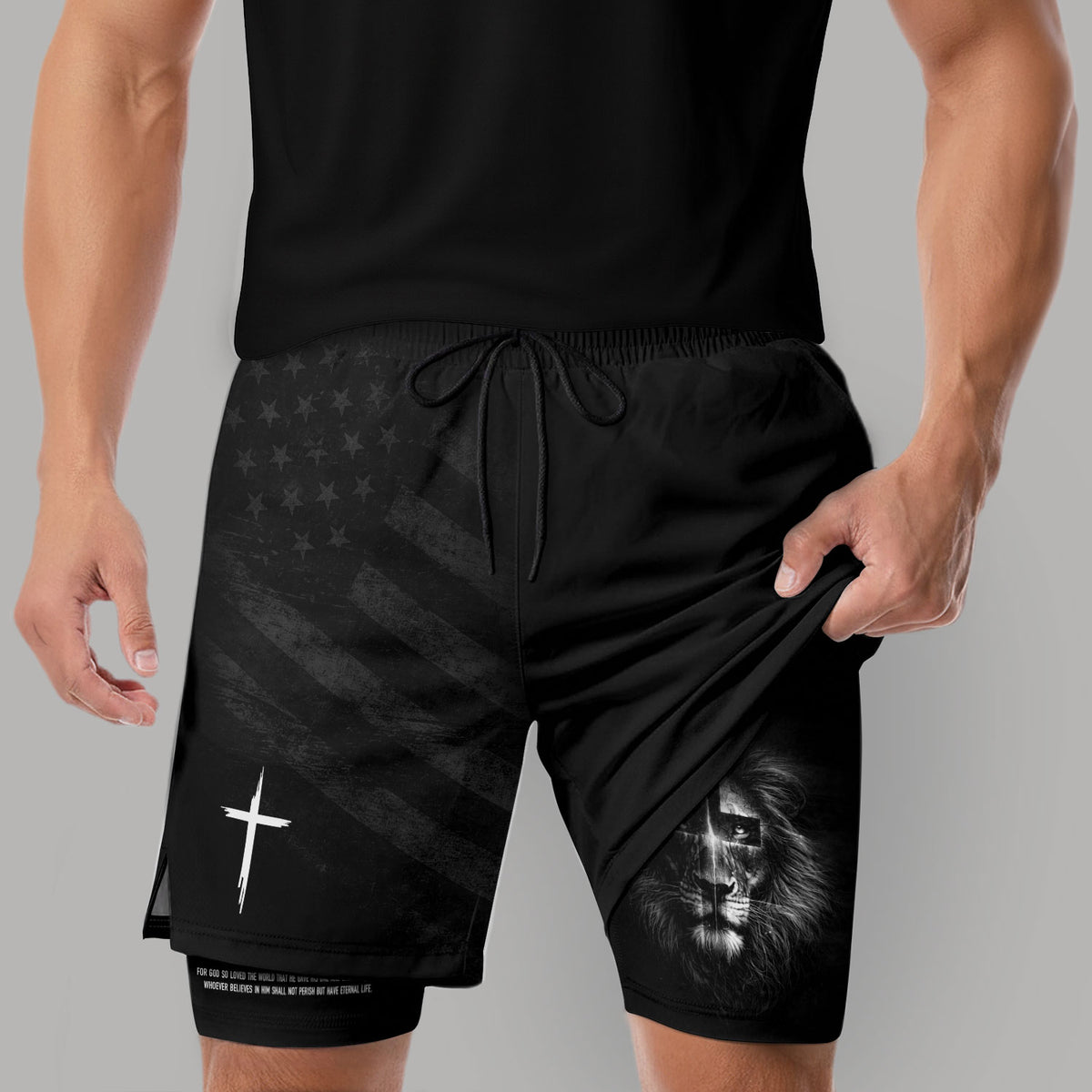 John 3:16 Bible Verse Lion of Judah Christian Gym Shorts Men Athletic Performance Wear - Rust Field Wear