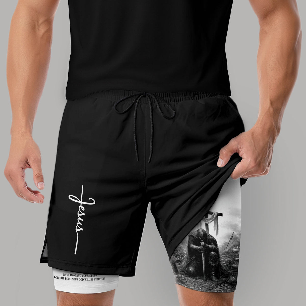 Joshua 1:9 Christian Men Gym Shorts Jesus Strong Knight Bible Training Performance Gear - Rust Field Wear