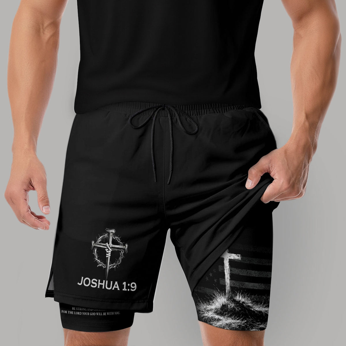 Joshua 1:9 Christian Men Gym Shorts USA Flag Strong and Courageous Athletic Activewear - Rust Field Wear