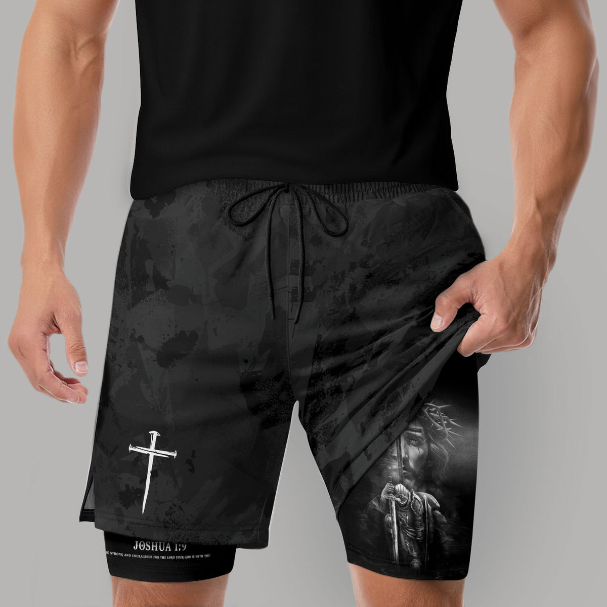 Joshua 1:9 Bible Verse Christian Men Gym Shorts Jesus Knight Kneeling Cross Training Activewear - Rust Field Wear