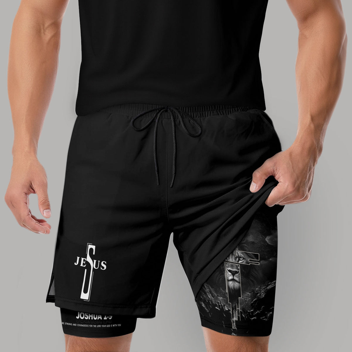 Joshua 1:9 Bible Verse Christian Men Gym Shorts Jesus Cross Nails Lion of Judah Training Activewear - Rust Field Wear