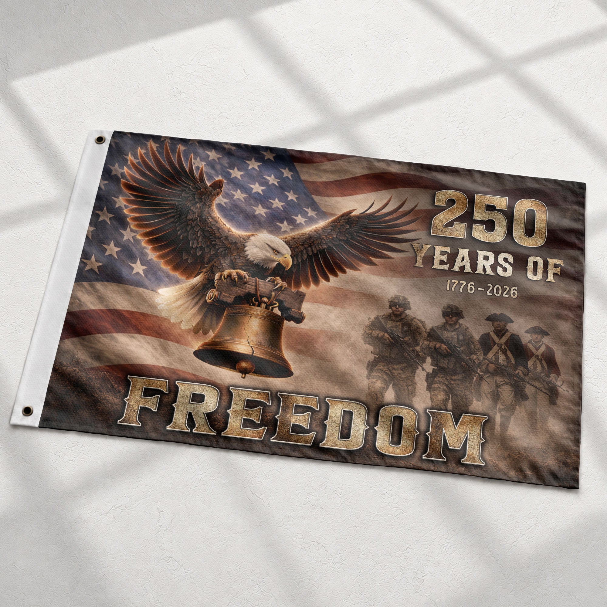 250 Years of Freedom USA Flag 1776–2026 – American Flag with Eagle & Liberty Bell Design - Rust Field Wear