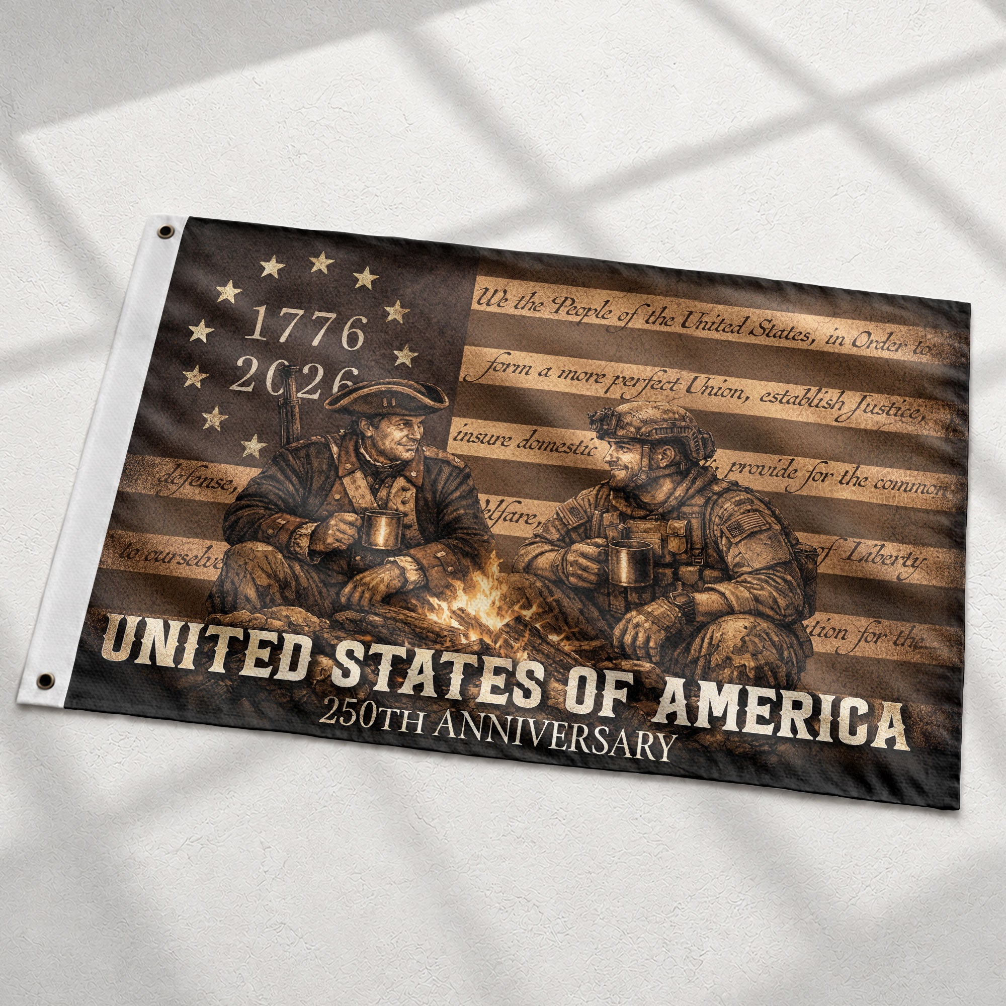 United States of 250 Years America Anniversary Flag 1776-2026 Patriotic Past Present Then and Now Soldiers Design