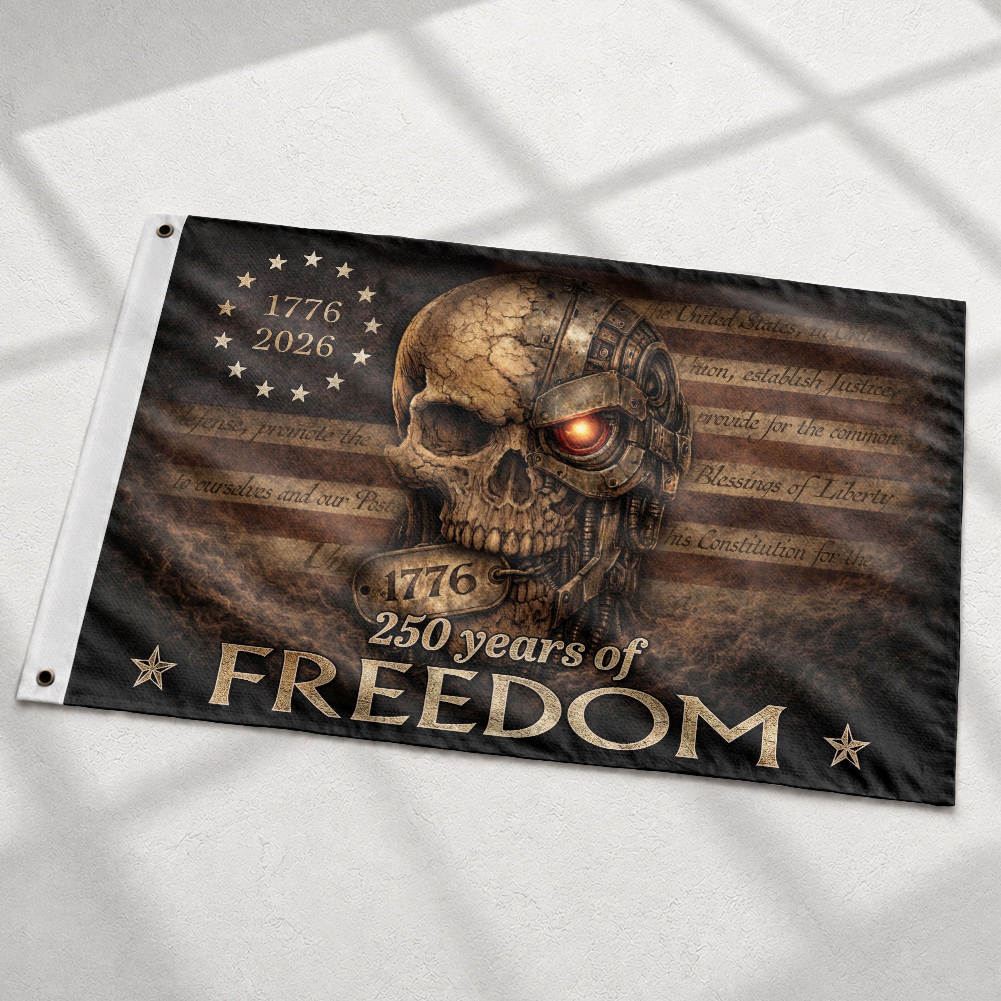 United States of 250 Years America Anniversary Flag 1776-2026 Mechanical Metal Cyber Skull Patriotic Flag