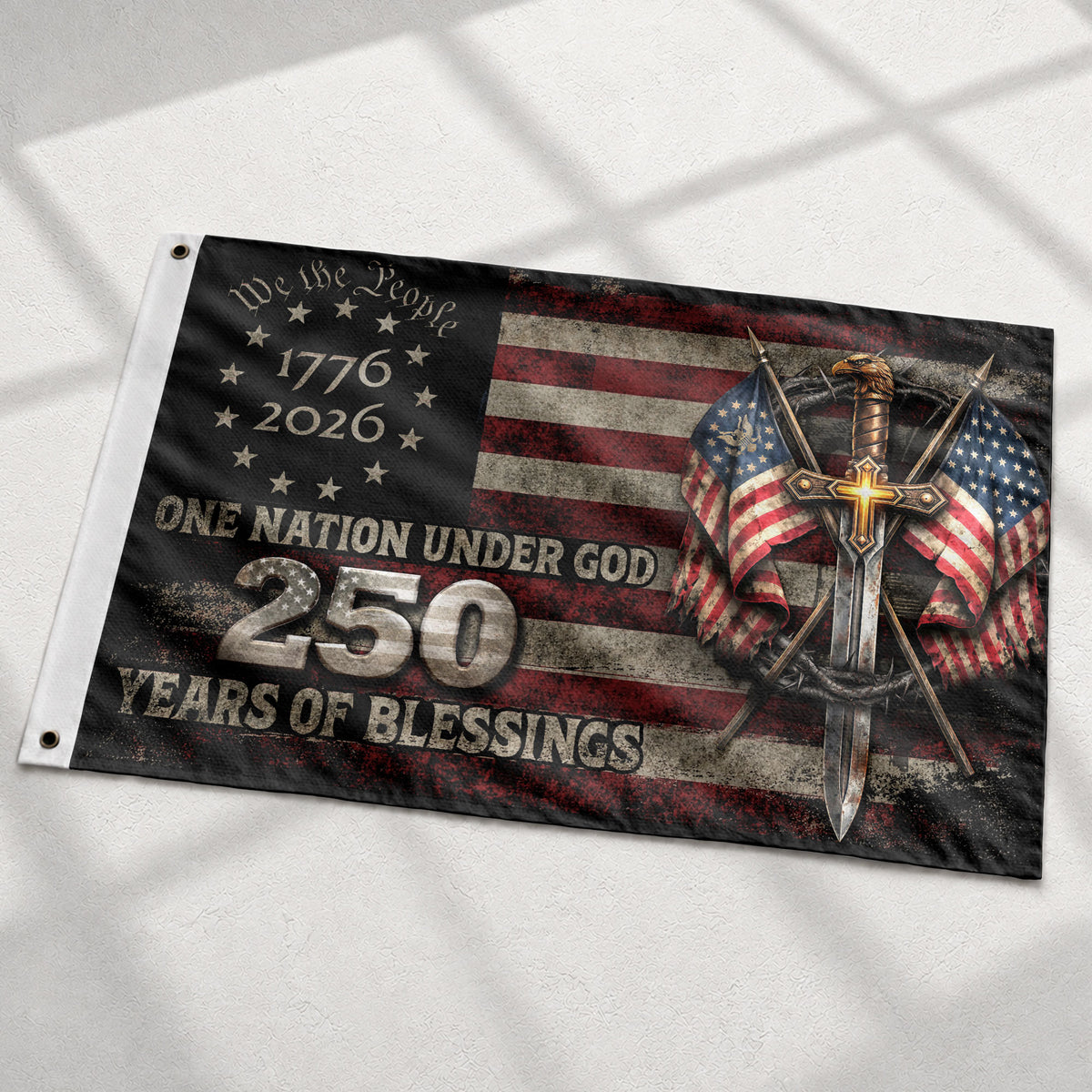 250 Years America Anniversary Flag 1776–2026 Christian Patriotic Decor - Rust Field Wear