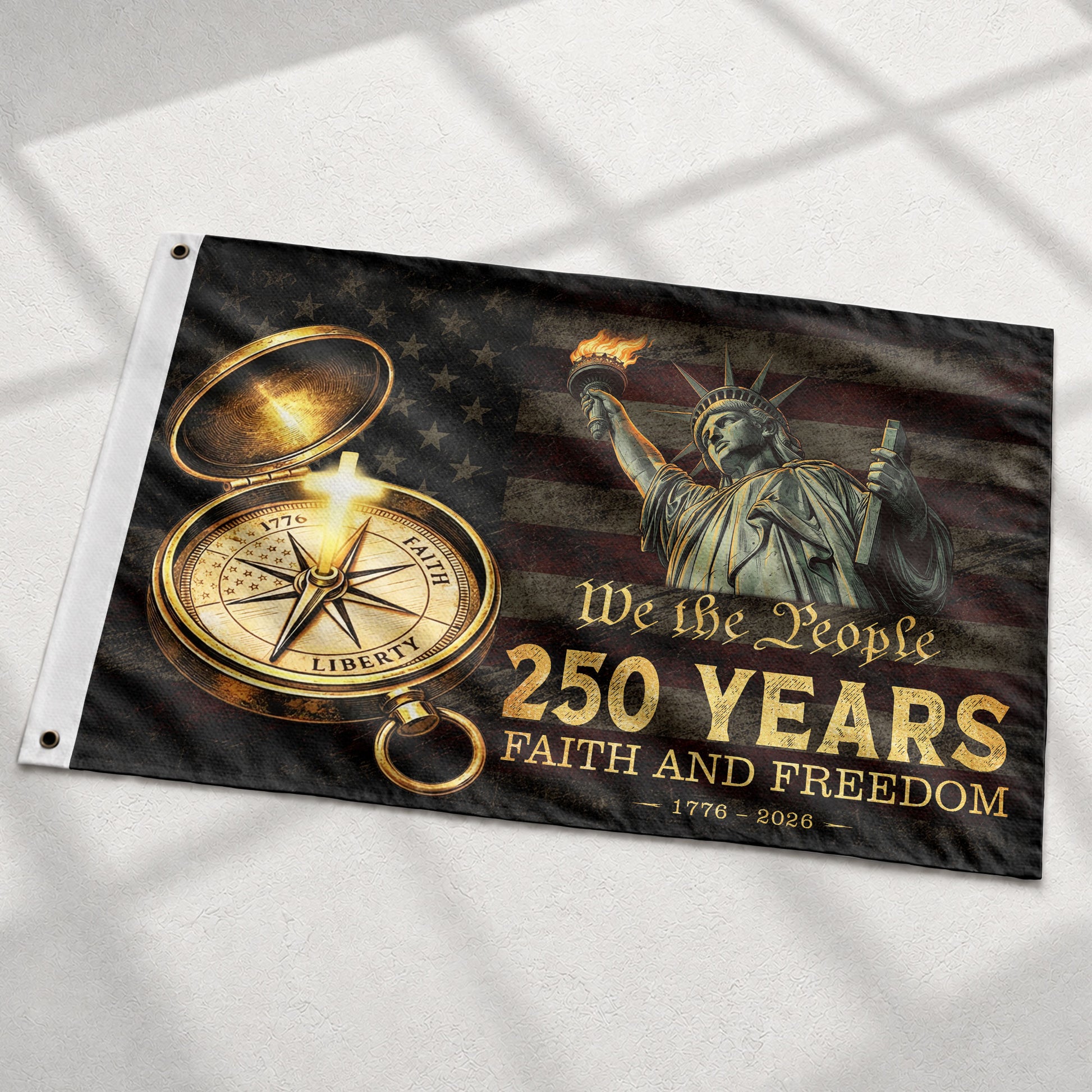 We The People 250 Years Cross Flag 1776–2026 – Faith and Freedom Christian Patriotic Outdoor Flag - Rust Field Wear