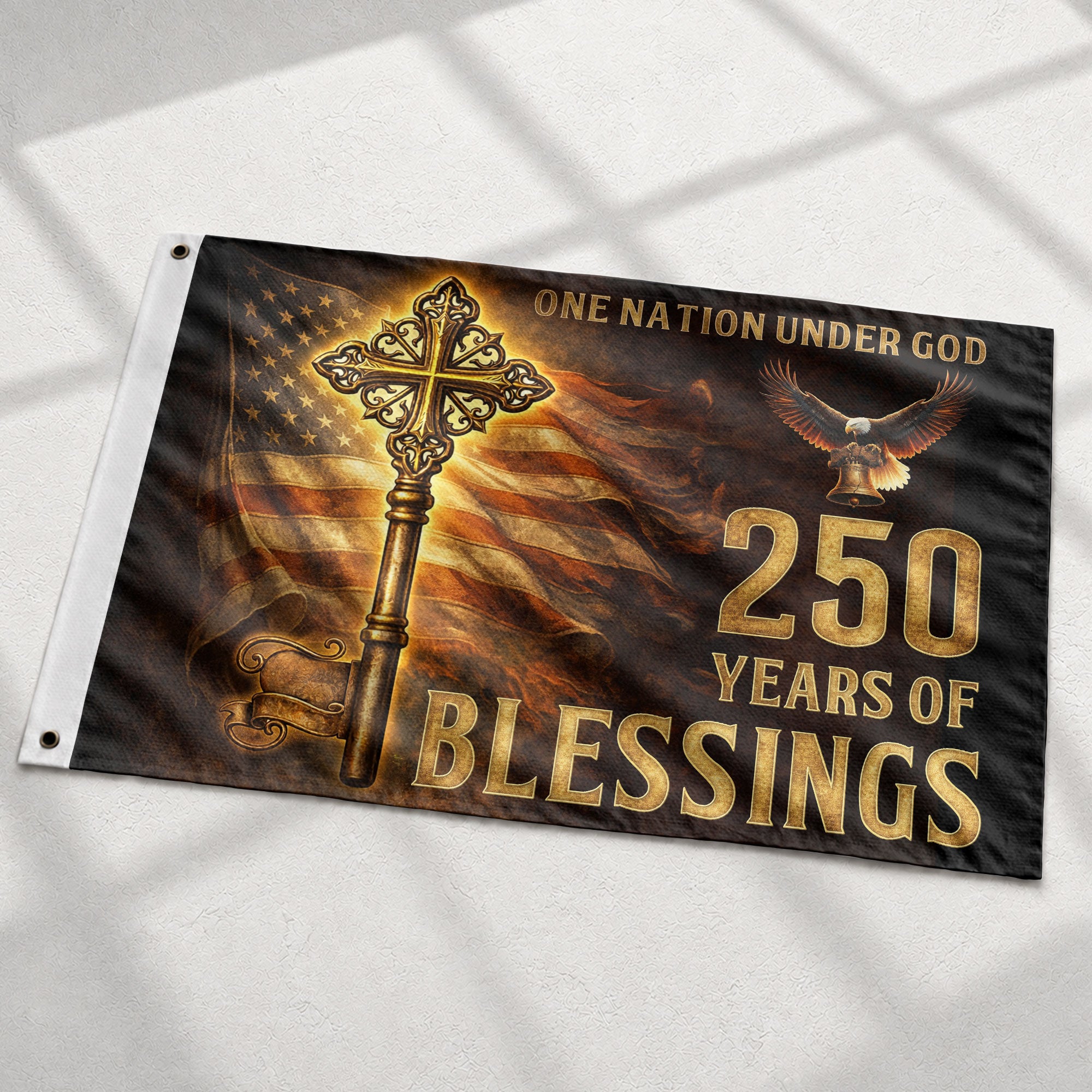 USA 250 Years of Faith Cross Flag – One Nation Under God Christian Outdoor Celebration Flag 1776–2026 - Rust Field Wear