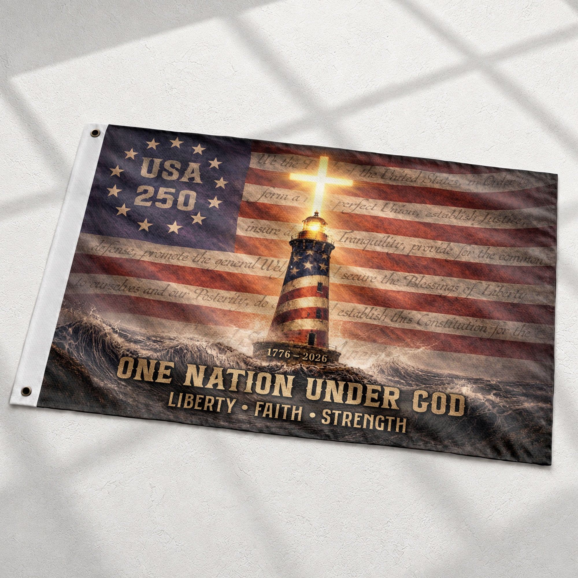 USA 250 Lighthouse Cross Flag – One Nation Under God Christian Patriotic Outdoor Flag 1776–2026 - Rust Field Wear