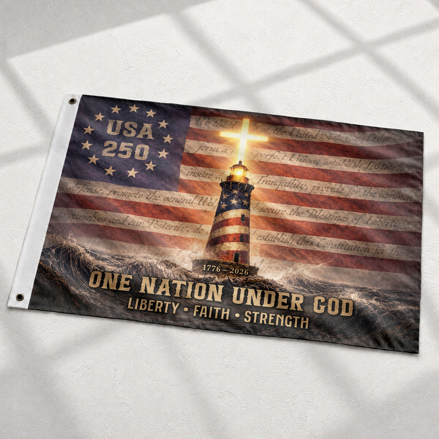 USA 250 Lighthouse Cross Flag – One Nation Under God Christian Patriotic Outdoor Flag 1776–2026