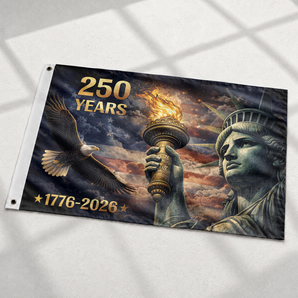 USA 250 Years Flag 1776–2026 – Statue of Liberty Torch & Eagle Patriotic Anniversary Flag upsale - Rust Field Wear