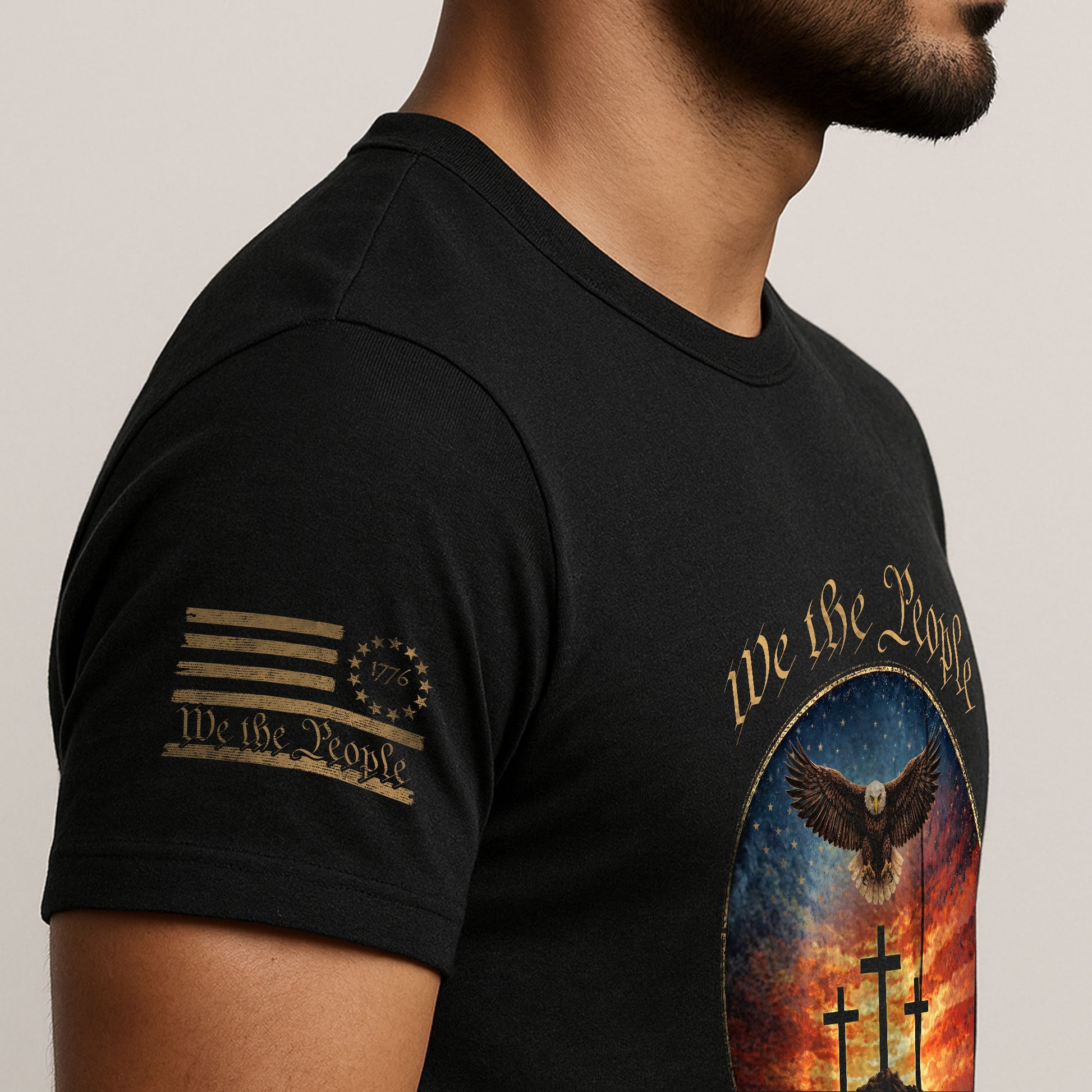 We the People 250th Anniversary T-Shirt - Christian American Patriot Eagle Soaring Over Three Crosses Design - Rust Field Wear