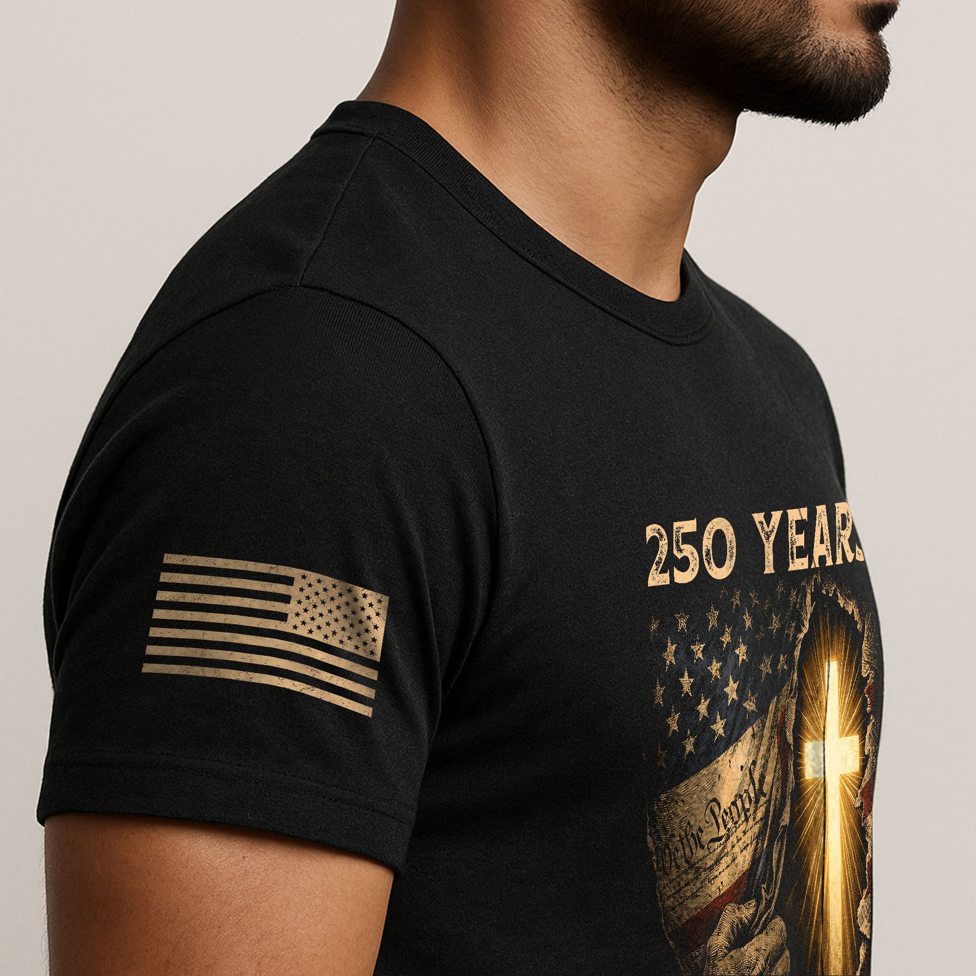 250th Anniversary Patriotic Shirt - Faith and Freedom Glowing Cross Christian Design - Rust Field Wear
