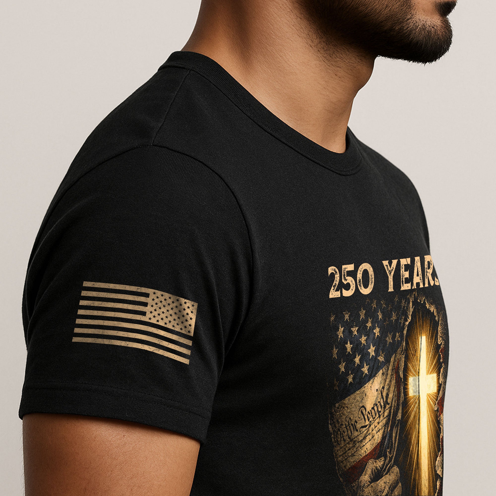 250th Anniversary Patriotic Shirt - Faith and Freedom Glowing Cross Christian Design - Rust Field Wear