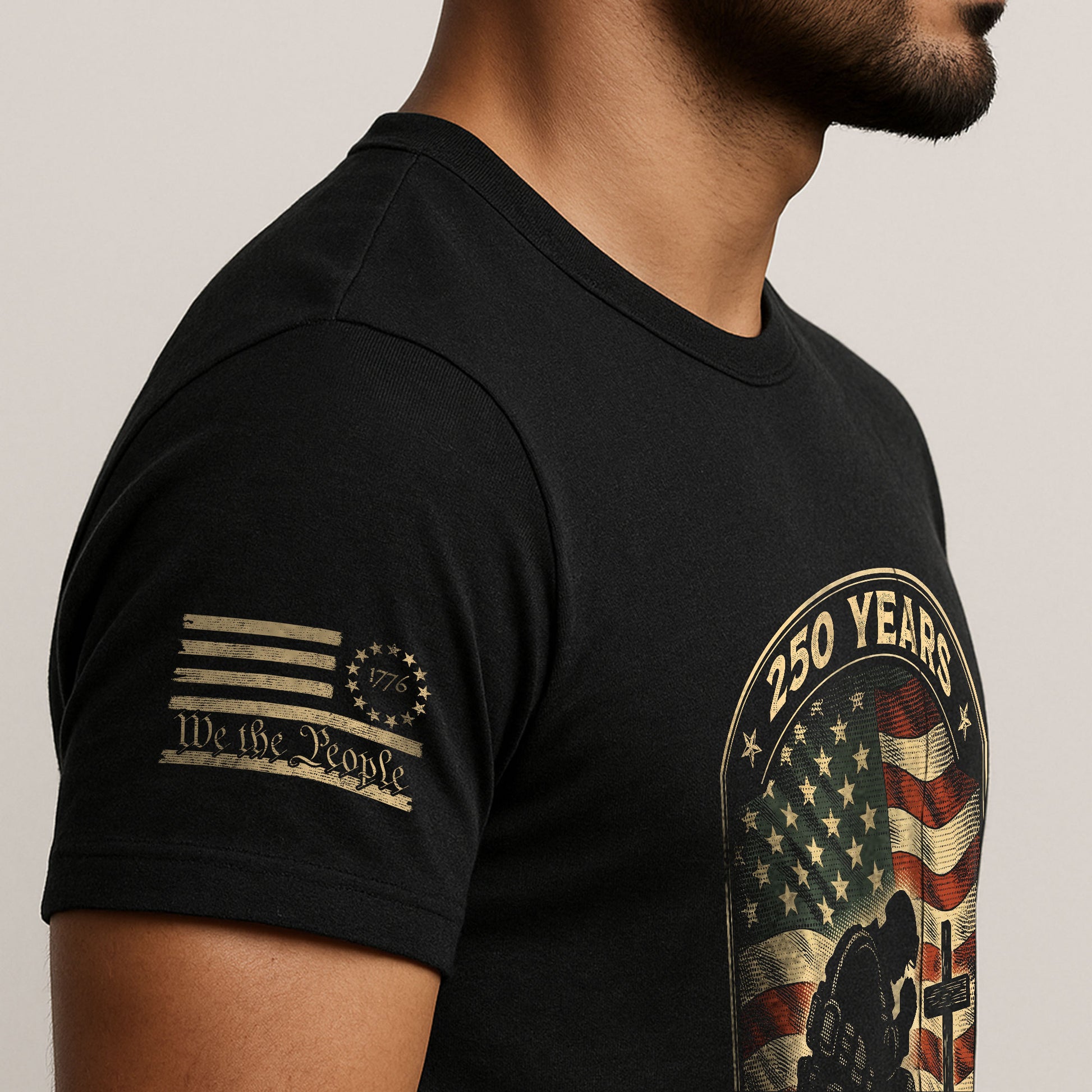 Faith and Freedom 250 Years 250th Anniversary Patriotic T-Shirt - Kneeling Soldier Prayer & American Flag Graphic Tee - Rust Field Wear