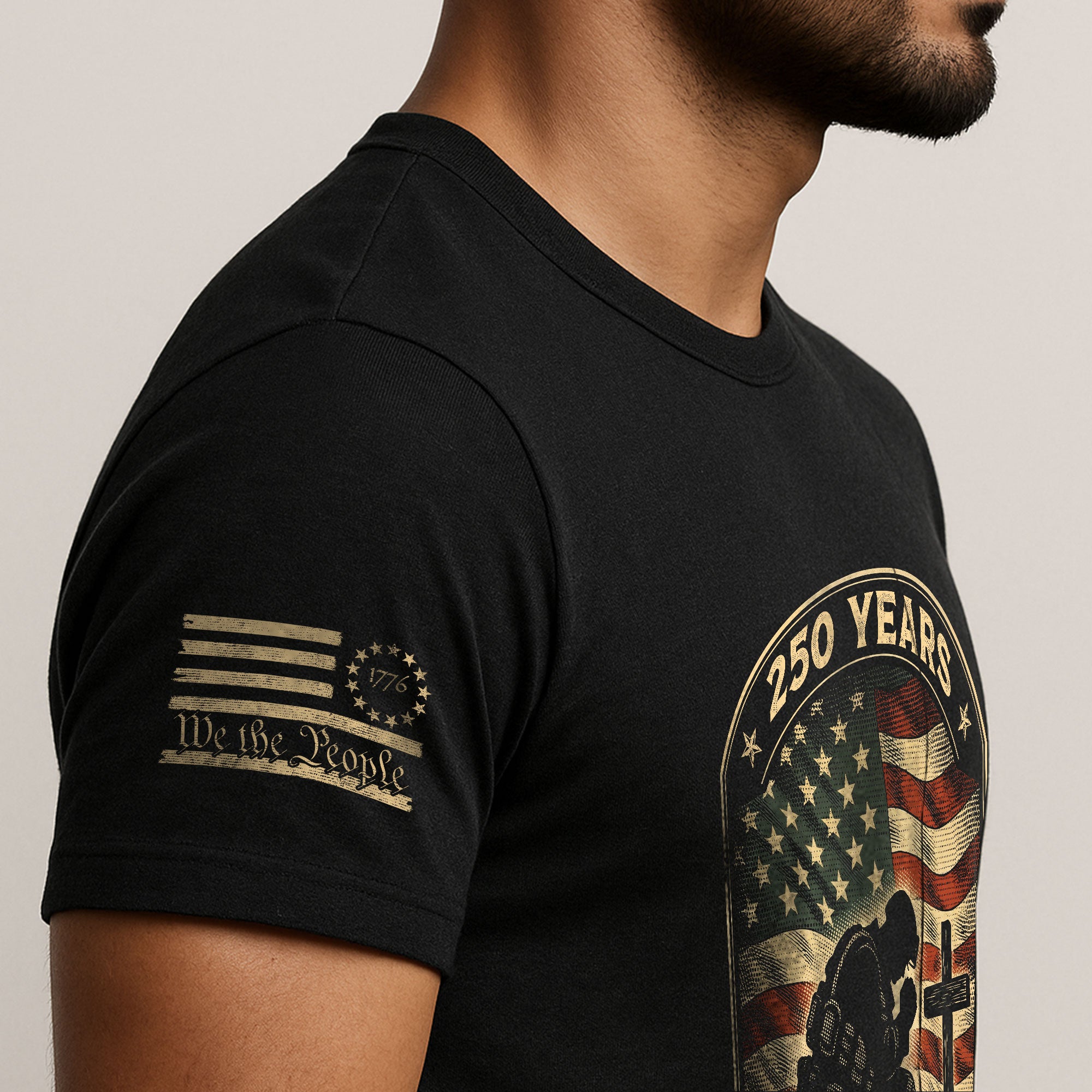 Faith and Freedom 250 Years 250th Anniversary Patriotic T-Shirt - Kneeling Soldier Prayer & American Flag Graphic Tee - Rust Field Wear