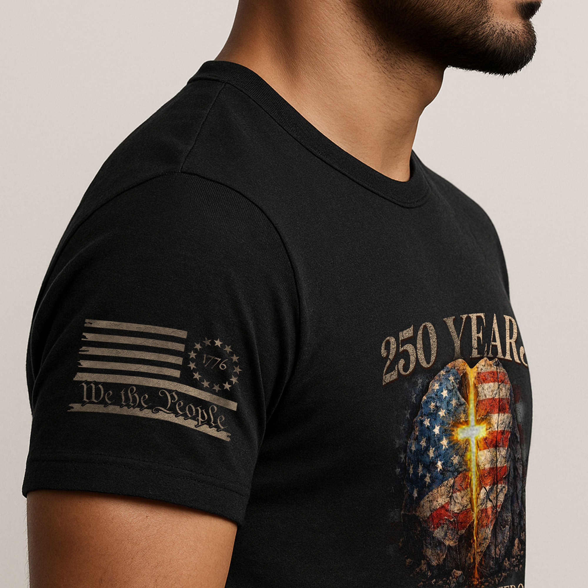 Faith and Freedom 250 Years T-Shirt - Glowing Cross & American Flag Rock Graphic Tee - Rust Field Wear