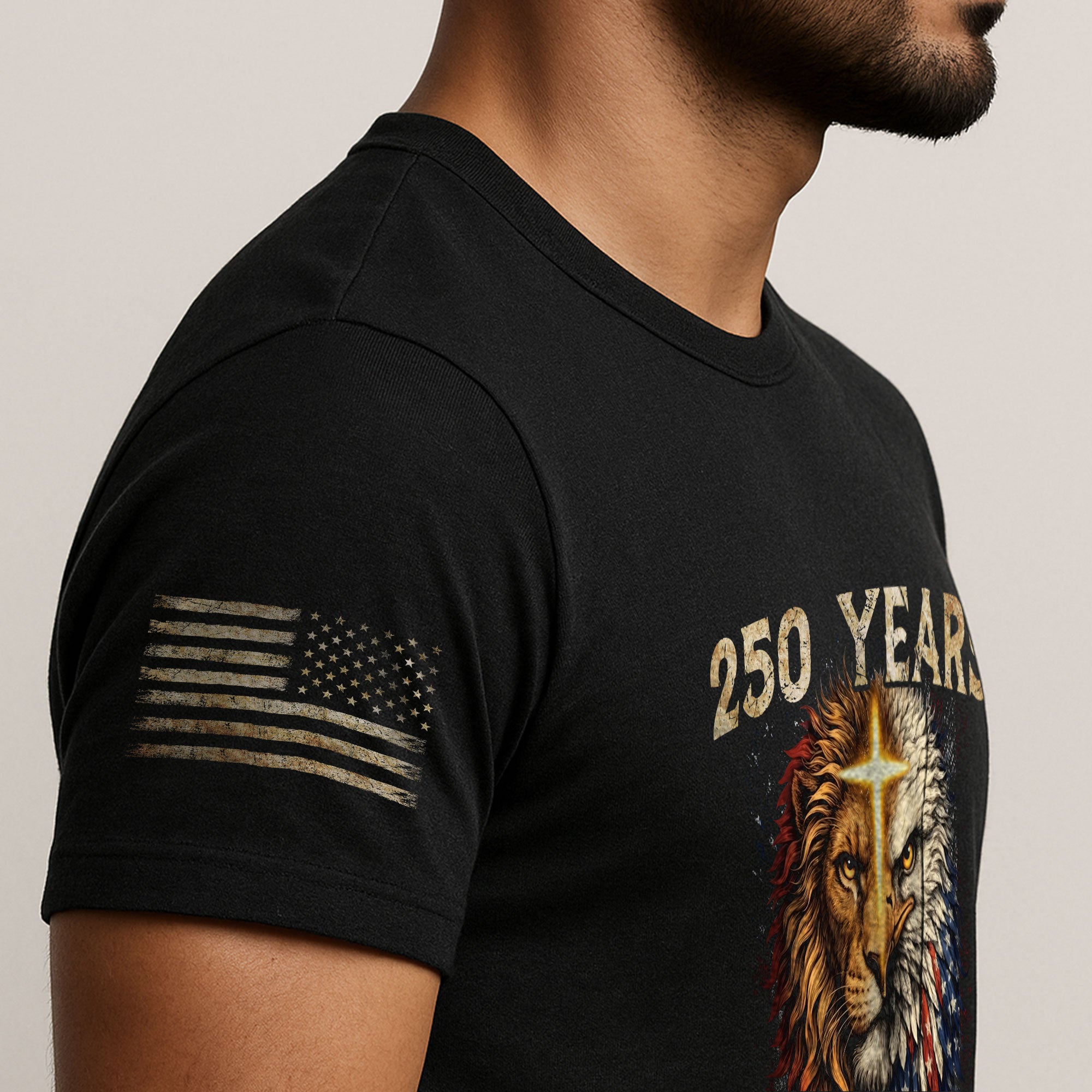 250 Years of Faith and Freedom Shirt - Lion and Eagle Cross Patriotic Strength Statement Graphic Tee - Rust Field Wear