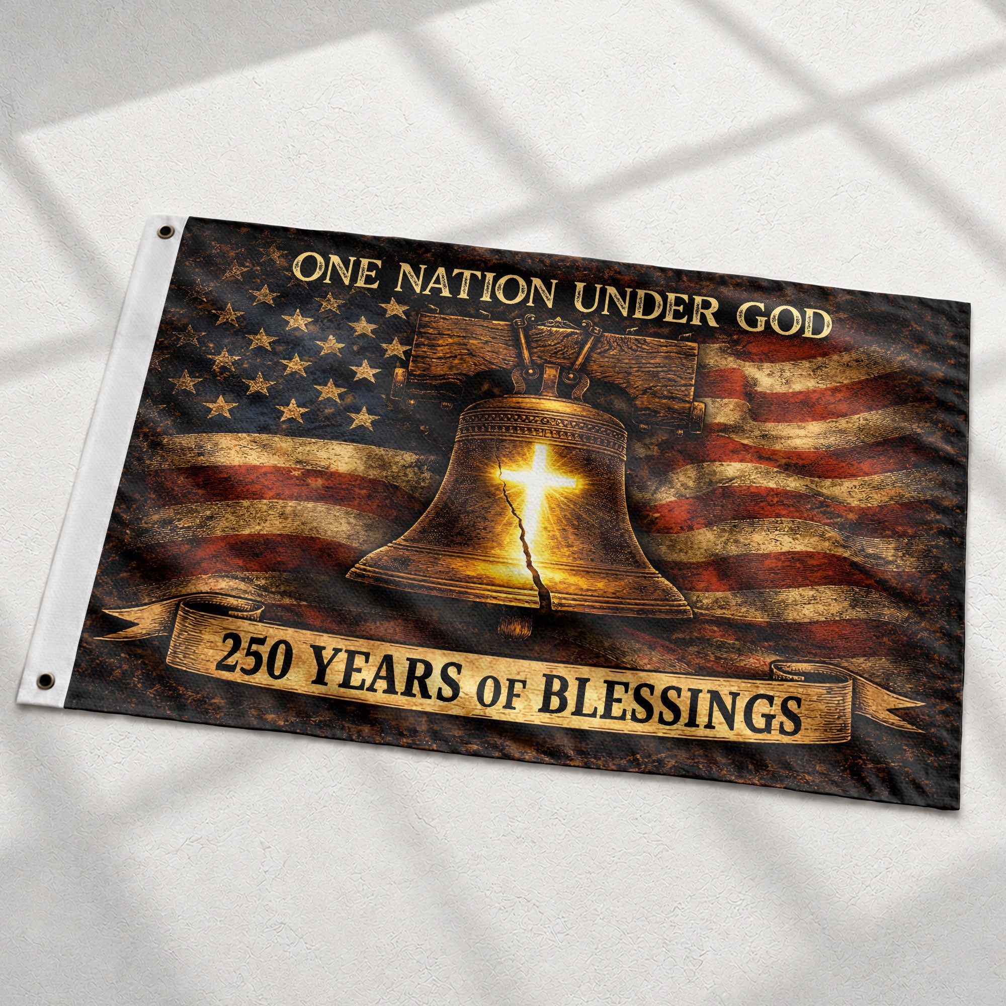 250th Anniversary Commemorative Flag - Liberty Bell Heritage & Holy Cross Faith and Freedom Decor - Rust Field Wear