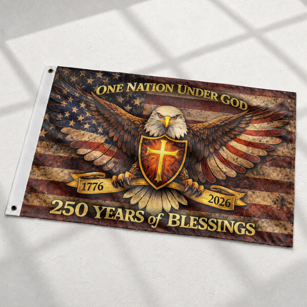 250 Years America Anniversary Eagle Flag - One Nation Under God 250 Years Banner, Double Sided 1776-2026 Flag - Rust Field Wear