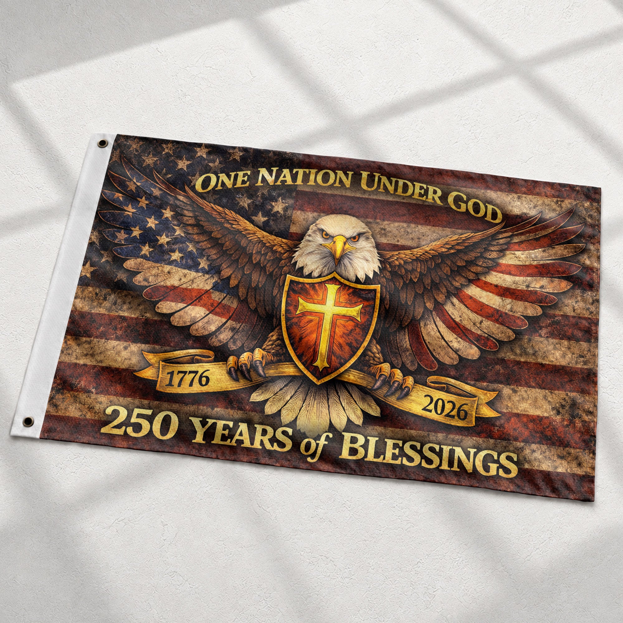 250 Years America Anniversary Eagle Flag - One Nation Under God 250 Years Banner, Double Sided 1776-2026 Flag - Rust Field Wear