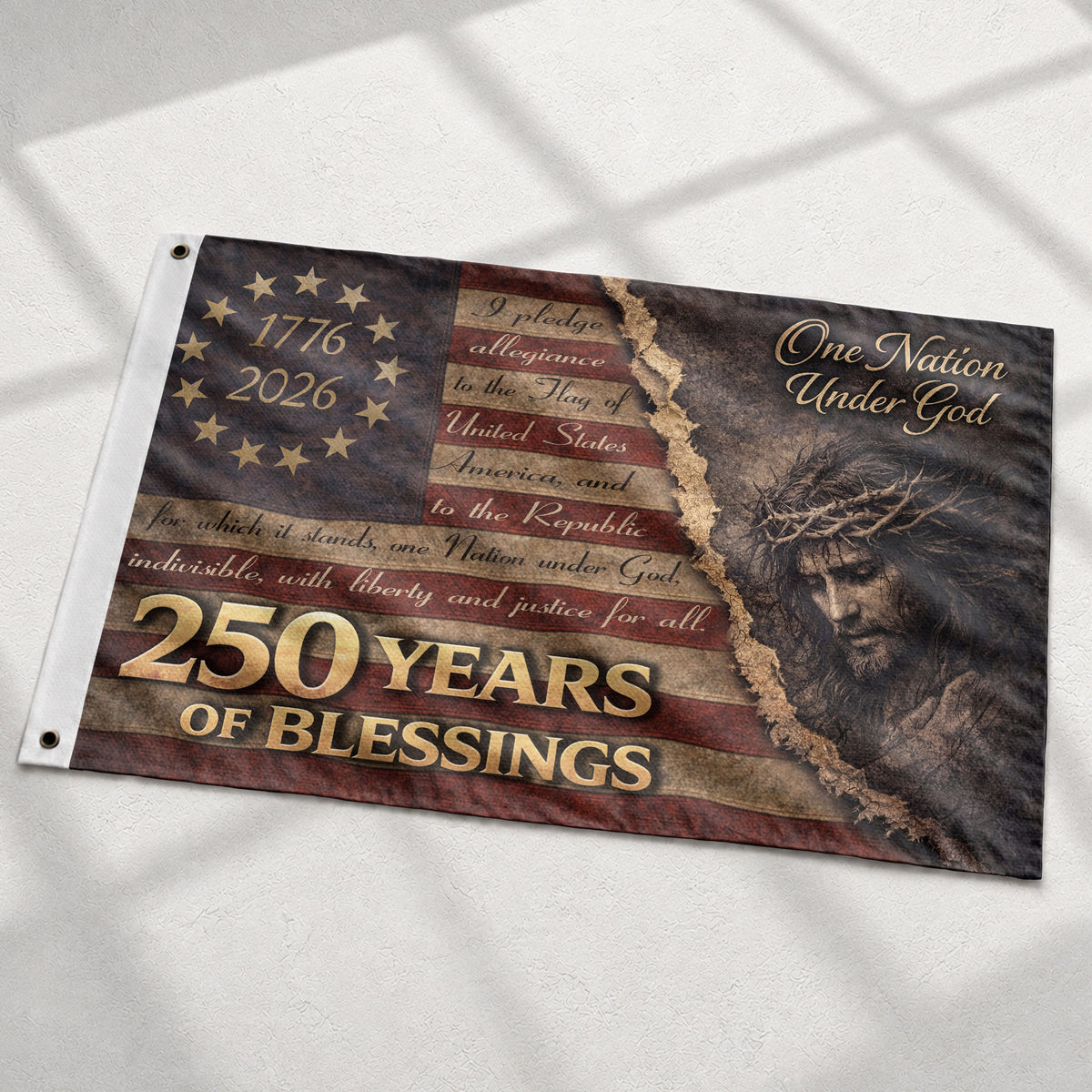 250 Years of Blessings American Flag - Christian Patriotic One Nation Under God Design, Double Sided Flag - Rust Field Wear