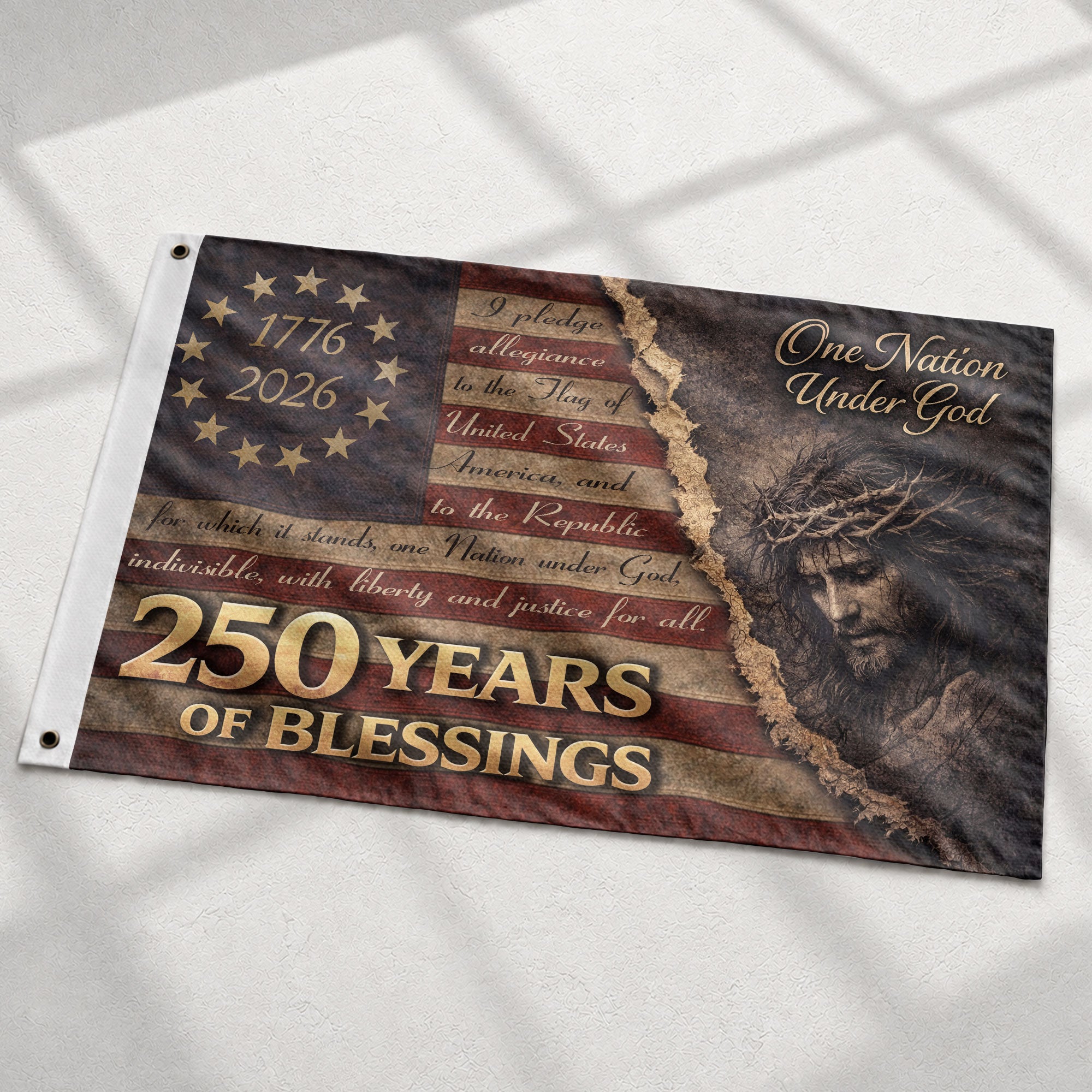 250 Years of Blessings American Flag - Christian Patriotic One Nation Under God Design, Double Sided Flag - Rust Field Wear